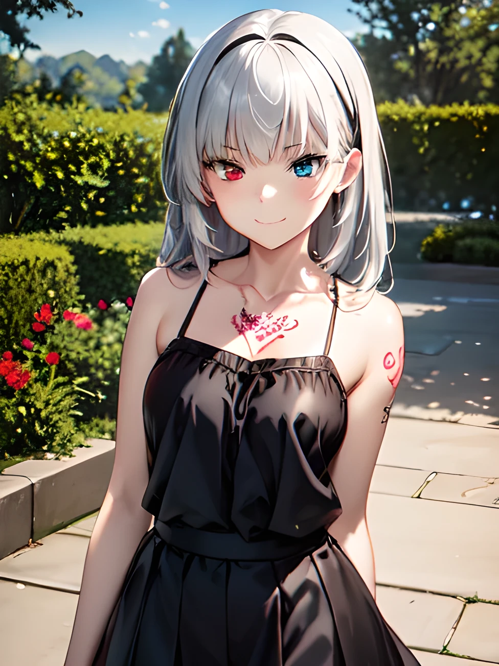 (Highest quality, masterpiece:1.2),smile、Some tattoos on the body (Anime illustration style:1.10),luminous valentine,garden、Standing,Black hair ribbon、Silvery white hair、Long Hair、Closed Mouth、(Heterochromia iridis、Red Eye:1.4、Blue Eyes:1.3)、Cute camisole、Fluttering skirt、Cowboy Shot、(Genuine、Realistic、Realistic)、High resolution、超High resolution、Ultra-fine painting、Sharp focus、Physically Based Rendering、Cowboy Shot,(Moe:1.10)