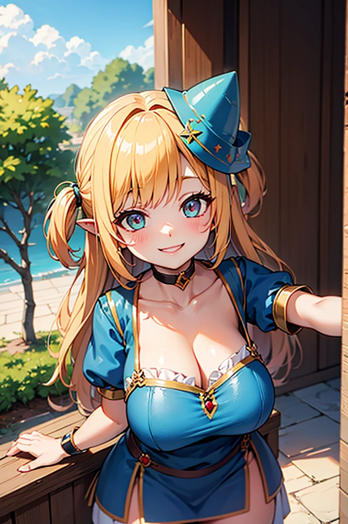 (masterpiece, best quality:1.2), solo, 1girl, darkmagiciangirl, blush stickers, smile, looking at viewer, arms behind back, wizard hat, catlingerie, choker, neck bell, outdoors <lora:yugioh_darkmagiciangirl-10:0.8> <lora:attire_catlingerie-10:1>