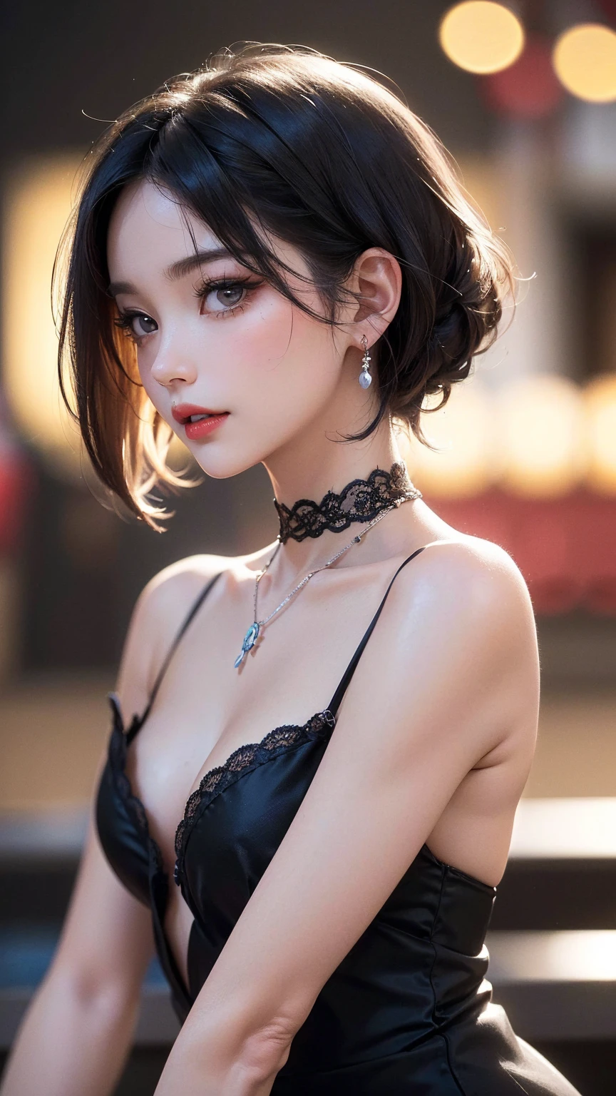 from side, hip up,((addielyn)), side pose, Random posture, night time, (An extremely delicate and beautiful work), (masterpiece), 1girl, streetwear, highly detailed, ponytail contorted, charming expression, beautiful and clear eyes, blue eye pupil, delicate pearl necklace, delicate earrings, simple blurred background, extreme detail description, beautiful, charming, ultra-fine painting, delicate face, delicate figure, Fine collarbones, lovely lips, soft behind, mix4,(8k, RAW photo, best quality, masterpiece:1.2), (realistic, photo-realistic:1.37),1girl,cute,cityscape, night, rain, wet, professional lighting, photon mapping, radiosity, physically-based rendering, above waist,