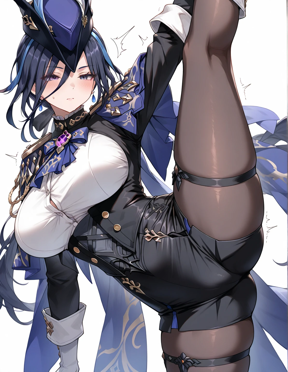 ((masterpiece)), ((best quality)), (ultra-detailed), absurdres, extremely detailed CG unity 8k wallpaper, Official Art, Accurate describe shapes, (realistic), beautiful face, detailed hands, expressive eyes, upper body, looking at viewer, solo, close-up, ((from behind)), (standing, arm at side, serious:1.2), (indoors, scenery, dramatic light, illustration:1.1), (1girl, mature female, milf, motherly, large breasts, huge ass, narrow waist, deep blue hair, purple eyes, long hair:1.4), (blue headwear, white gloves, black pantyhose, earrings, hat feather, garter strap, corset, epaulettes:1.3), , ((masterpiece)), absurdres, HDR, clorinde (genshin impact)