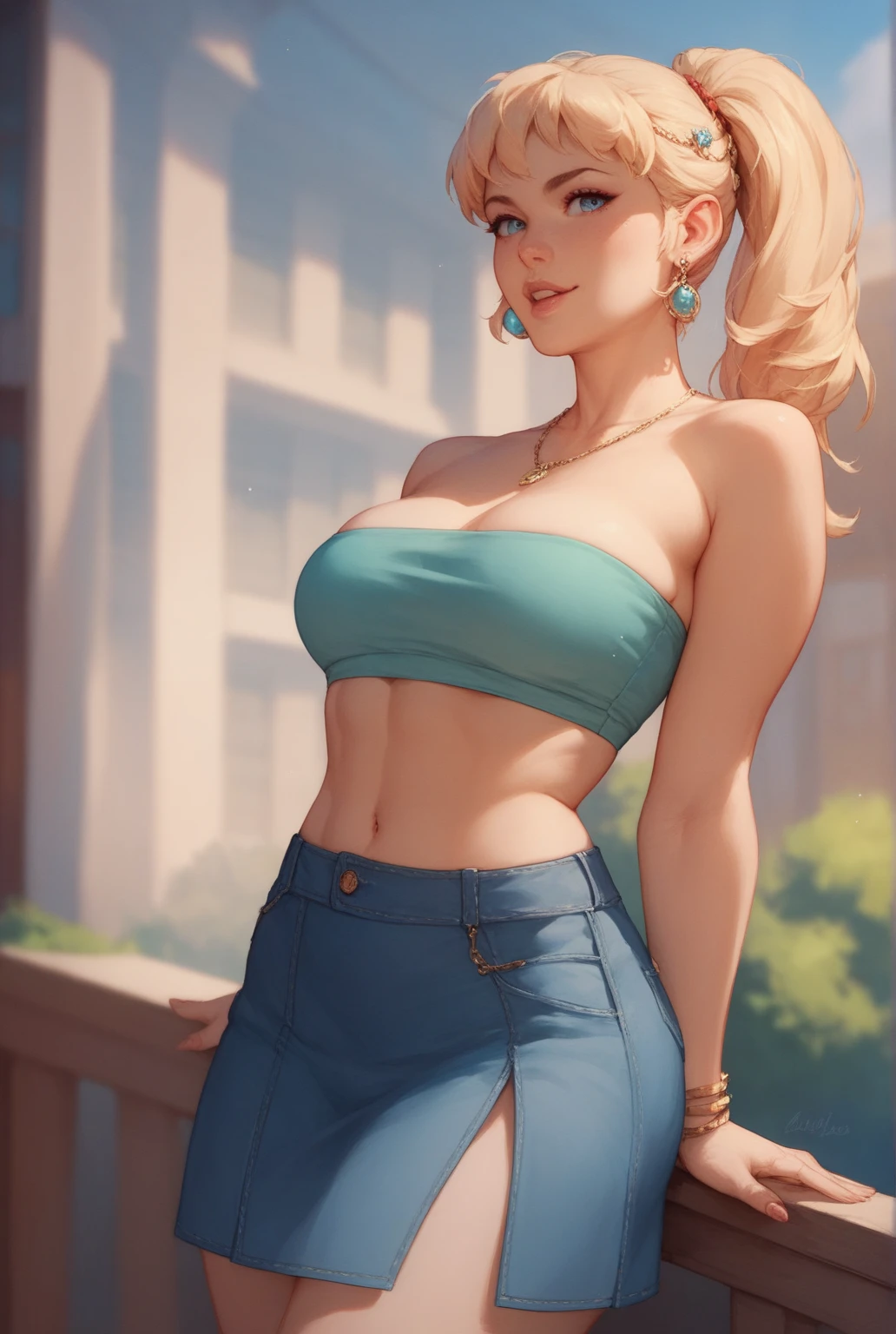 (masterpiece:1.2), (best quality:1.2), perfect eyes, perfect face, perfect lighting, 1girl, mature female, smiling, long blonde hair, curly hair, sophisticated haircut, stylish, single bare shoulder shirt long, printed shirt, floral skirt, jewelry, necklace, earrings, armlets, lacey choker, belt, thighhighs, thick eyelashes, makeup, eyeshadow, detailed mall background, crowd  <lora:singleBareShoulder_thisAintTheUsualKindOf:1>