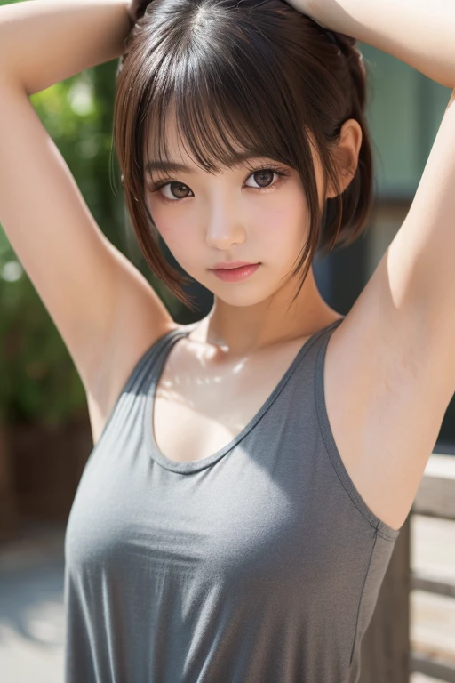 (Blue eyes:1.2)、The best smile、(Ash gray hair:1.5)、、short-hair,Sauce order,((Show underarms、Armpit、oiled slimy armpits:1.15、Oiled tecateca armpits:1.15、Detailed wrinkles in the armpits:1.8、Wrinkles under the armpits:1.8、Sweaty face、Show me your armpits、The body is turned to the front、A hyper-realistic、Armpit、Bright armpits:1.8、Shine a light in the armpits:1.8、Detailed armpit wrinkles、Detailed armpit pores、Realistic armpit skin、Shine a light in the armpits、Bright armpits、no-bra、Sweat-drenched white sleeveless tank top)), (no-bra、ssmile、on the park、Alone girl in the park、illustratio、no-bra、Sweat-drenched sleeveless tank top、White panty), (hight resolution), (8K), (ighly detailed), (The best illustrations), (armpit pose、beatiful detailed eyes), (top-quality), (ultra-detailliert), (masterpiece), (wall-paper), (详细的脸), girl、Freckles on the face、Show shiny wrinkled armpits,Brown hair,high-ponytail Hairstyle、Upper body only,Navel is visible、No bra、Girl in sweaty white tank top without sleeves, japanes,