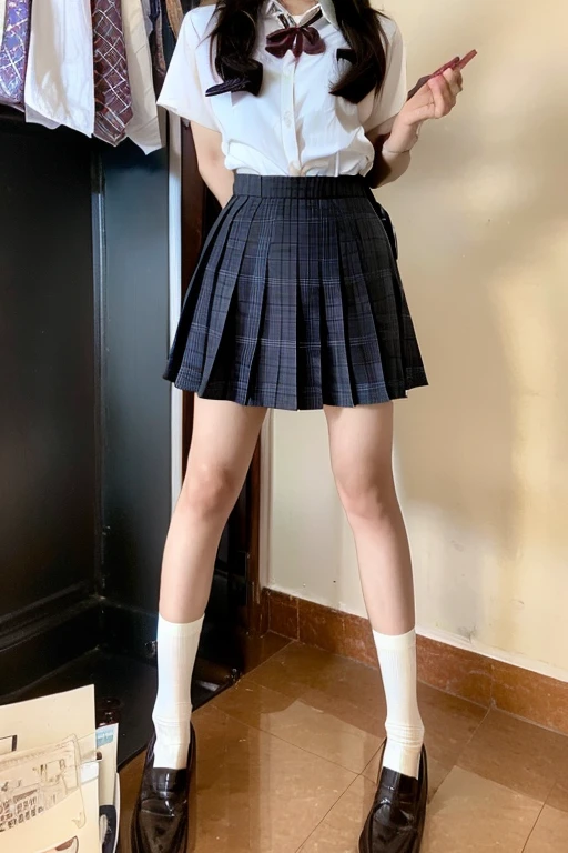 18 year old beautiful girl、tall、10 heads、whole body、A rich body、A white button-up shirt that covers your belly、Grey checkered pleated mini skirt、White torso、Black Loafers、outside、high school student、Abundant thighs