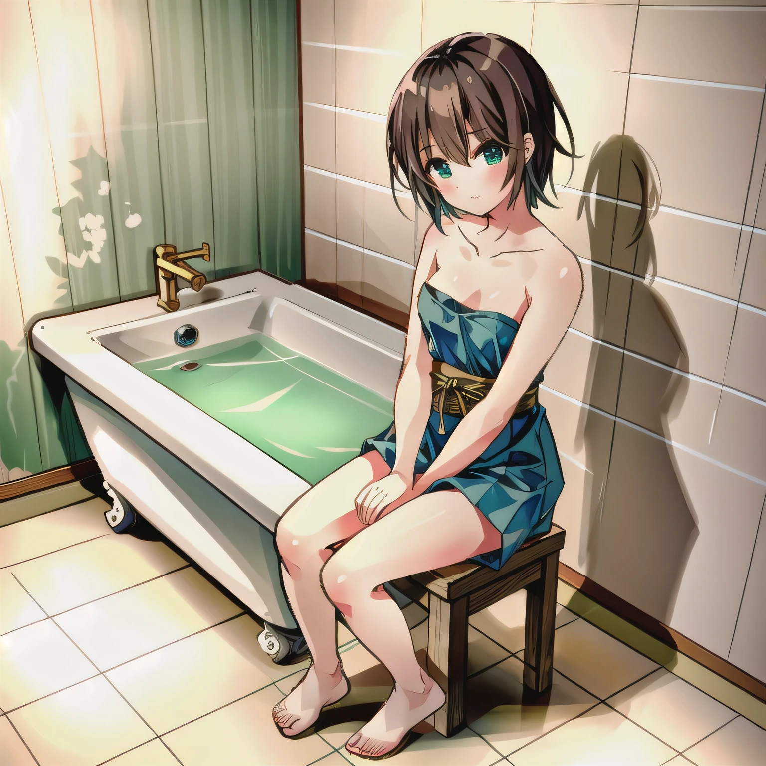A beautiful woman in a A narrow, compact Japanese bathroom, with tiled walls, a small bathtub, and a wooden stool beside it. Steam fills the room., sitting in seiza style , politely waiting to greet someone.The character is wrapped in a towel around the body. Short hair, brown hair, green eyes.