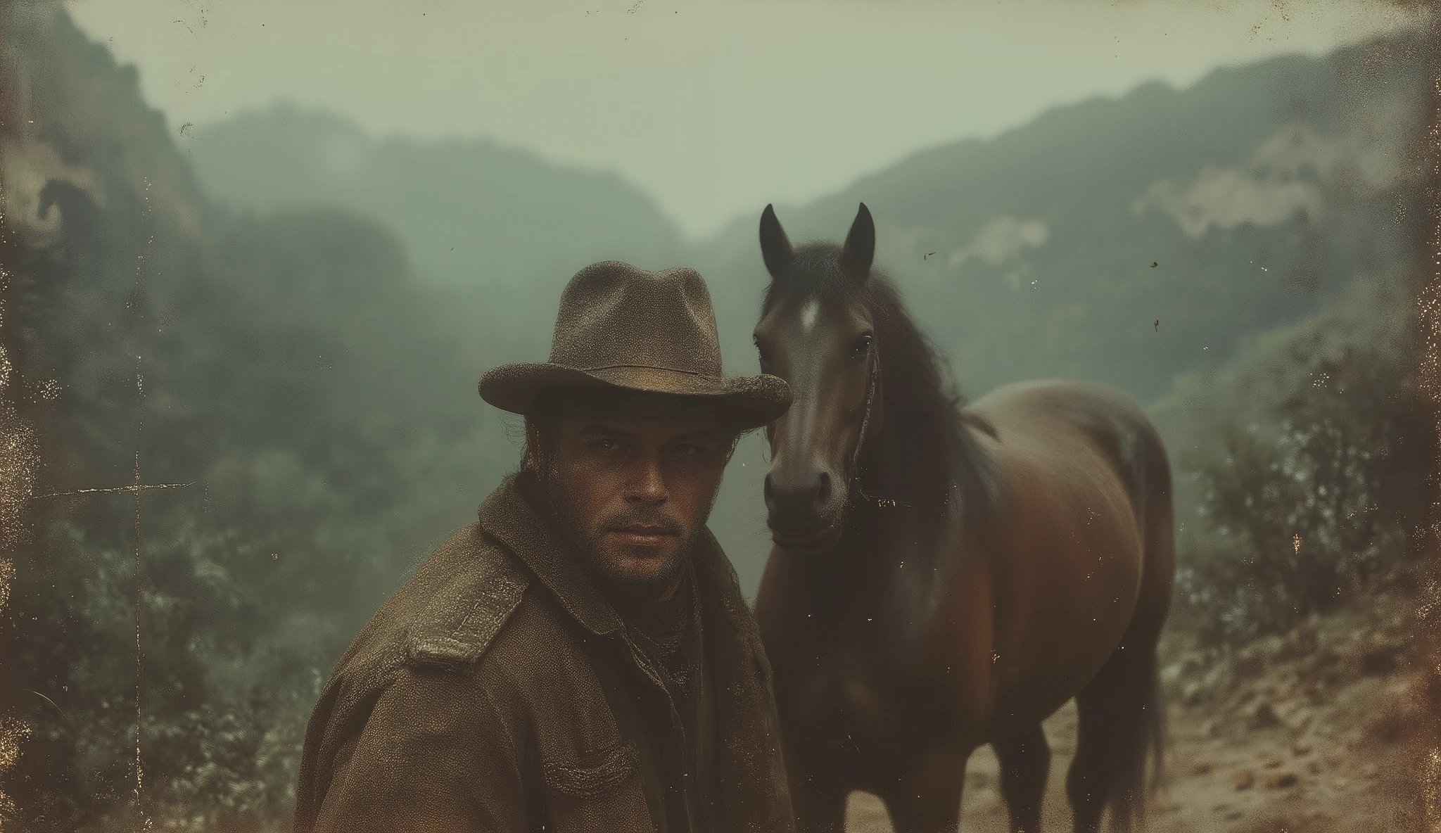 Cowboy standing with his horse on a cliff with a deep forest below, wide brim hat, horse,