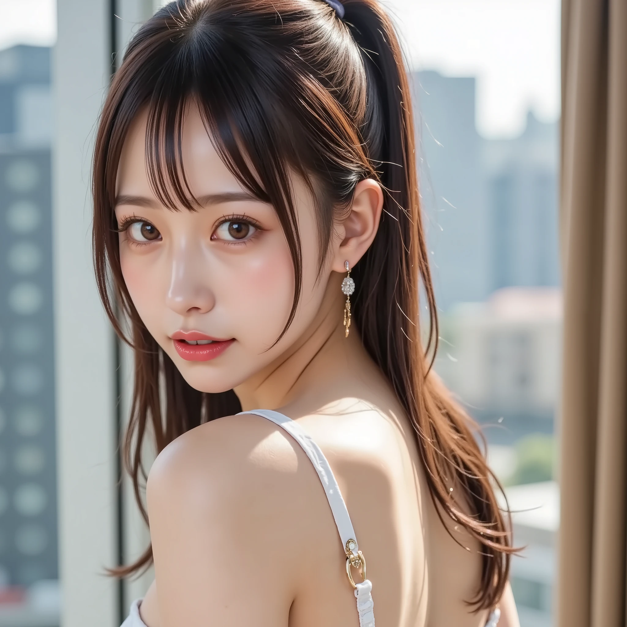 very well detailed CG ユニティ 8k 壁紙, Highest Quality, very well detailed, masterpiece, realistic, photo realistic, very well detailedかわいい女の子, 23 years old, (secretary), , lips parted , (getting on all fours) ,(show panties) , super realistic pantyhose wrapped up in a nightgown、looked back , Half Body Shot , office, BREAK,
(Ultra-detailed:1.30), (absurdres:1.30), (ultra realistic portrait photo:1.25), (Ultra detailed and clear focus:1.20), (female in the center of the image:1.5), (Studio lighting that illuminates the entire person:1.10), (Taken on a sunny day:1.5), BREAK,
(Ultra-detailed beautiful Japanese female idol:1.10), (Ultra-detailed beautiful slender and glamor:1.9), (Perfect anatomy:1.15)), (Cute smile:1.3), (Ultra-detailed big eyes, double eyelids), BREAK,
((Ultra-detailed upturned beautiful breasts, F-cup breasts with deep cleavage:1.5)), Deep V-neck, ((Super skin tight outfit:1.8), BREAK,
(Ultra-detailed finely textured shiny oily skin:1.5), (Glossy skin), ((Ponytail, asymmetrical bangs, ultra-detailed beautifully shiny hair:1.5)), (Light brown hair), BREAK,
(Full body photography:1.5), dynamic angle, golden ratio, BREAK