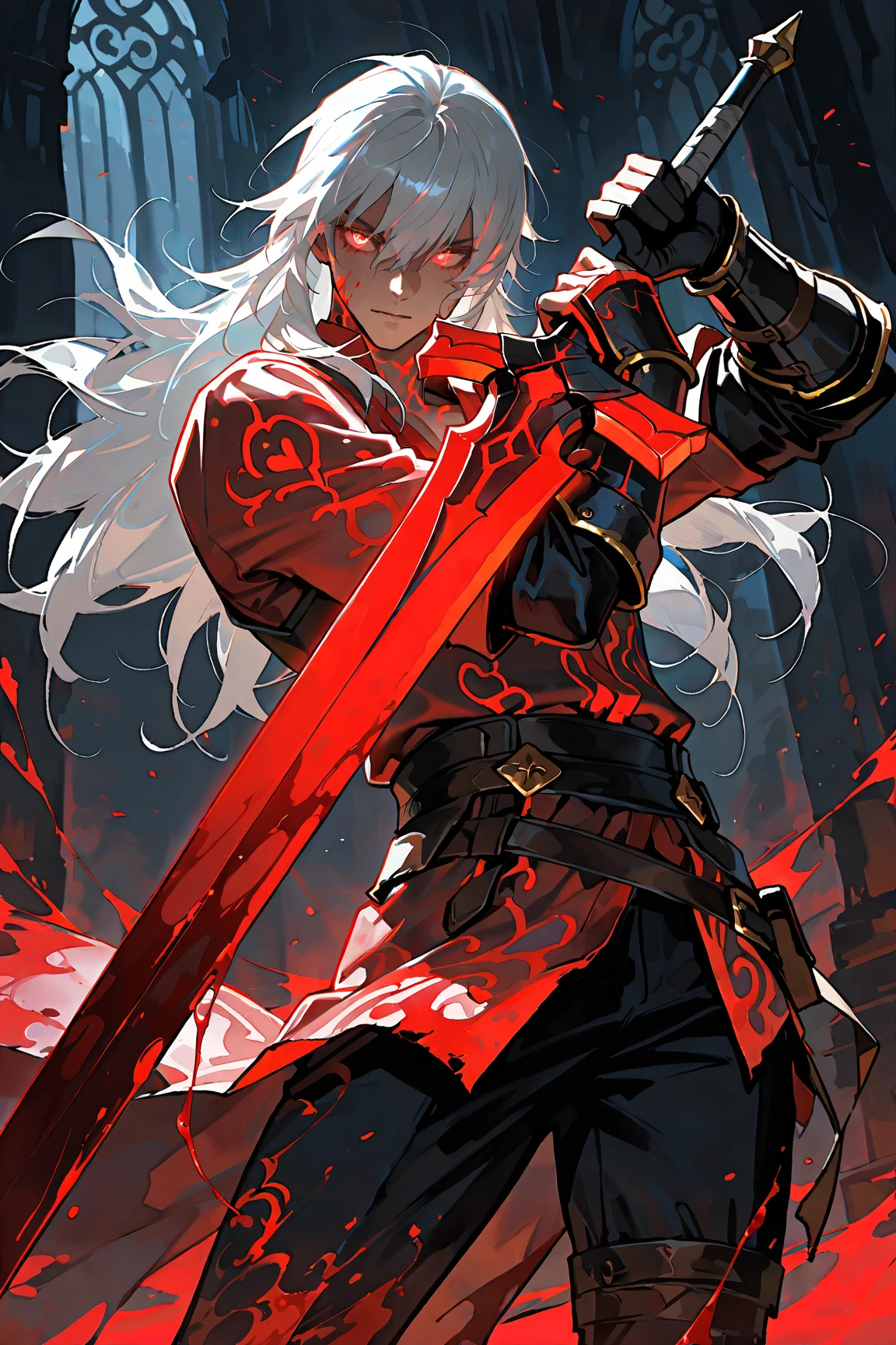 a handsome man with red eyes and white hair, 24 years, fierce battle, intense action, highly detailed, cinematic lighting, dramatic composition, epic fantasy, grandiose scale, photorealistic, 8k, masterpiece