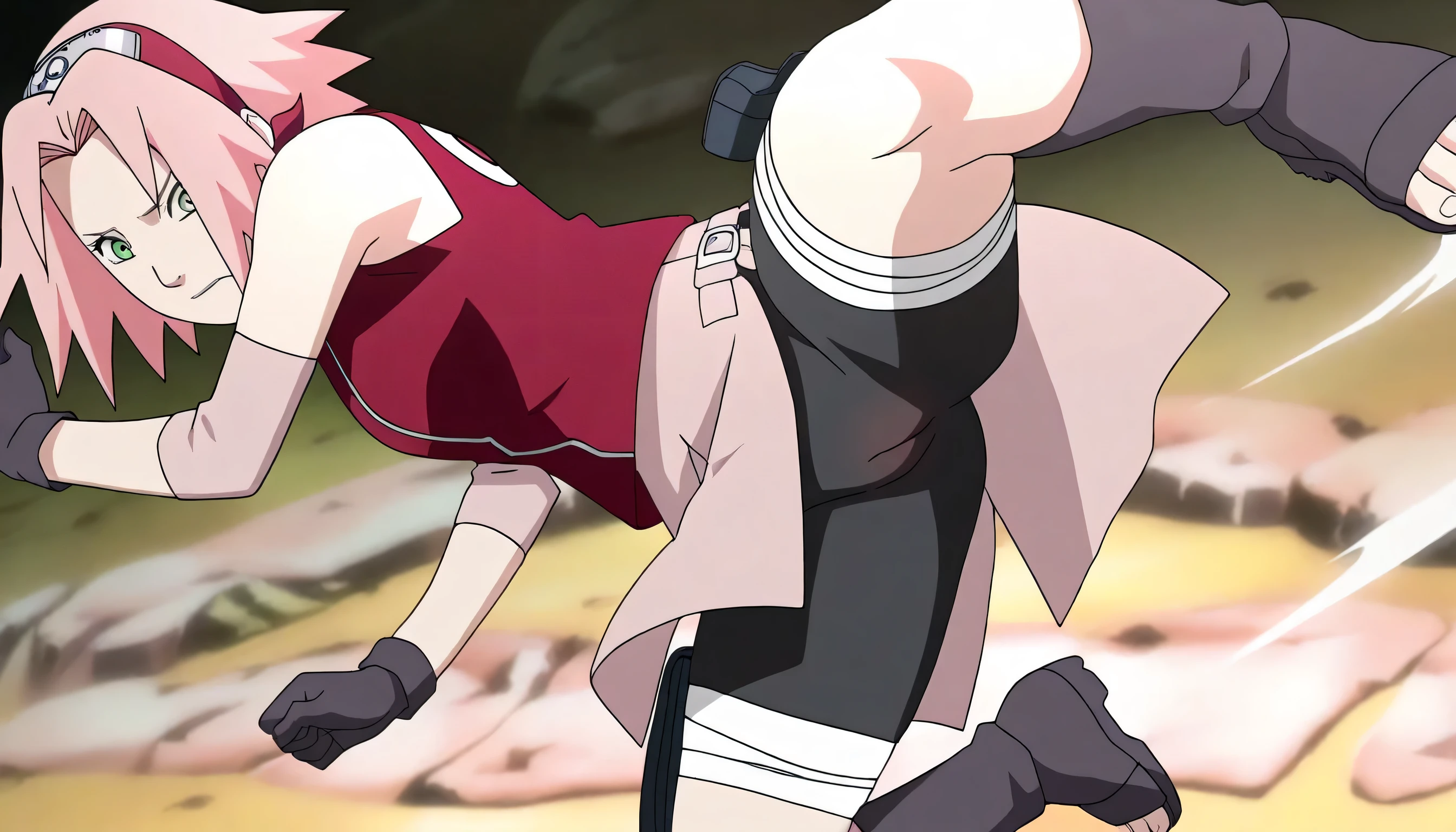 Haruno sakura, official_until, anime screencap, masterpiece, the best quality, absurdities, alone , Women,kick ,lift leg , focus pussy, red sleeveless minidress, cremallera, footwear without toes, bandaged leg, pink short skirt, sleeveless , pink hair, Black tight shorts, split bangs , green eyes , Medium Breasts, konohagakure symbol , black gloves .Skin-tight pants, focus pussy