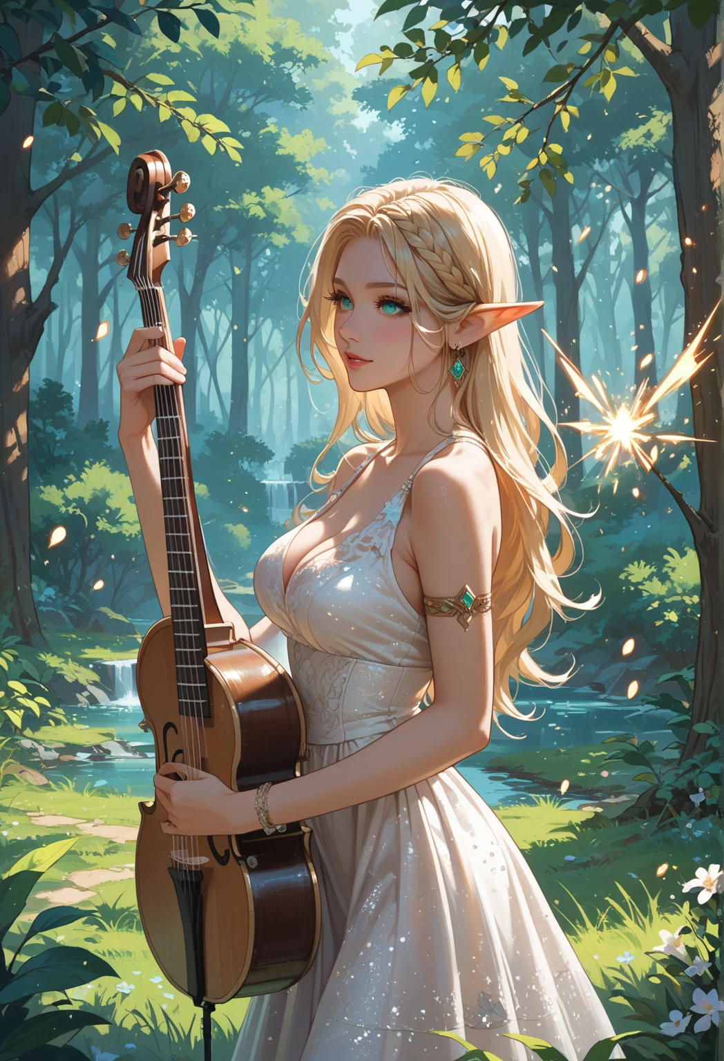 in the dark forest、Sexy female elf playing the mystical lute。She is wearing shiny black bikini armor.、Bare from shoulders to waist。Long platinum blonde hair blowing in the wind、Emerald green eyes sparkling in the night。She has small transparent wings on her back、Small lights like fireflies float around。The elf&#39;s expression is captivating、There&#39;s a smile on your lips。Moonlit trees in the background々Illuminate、It exudes a mysterious atmosphere。Aiming for realistic depictions、The photo is in the highest resolution（8k）Please。
