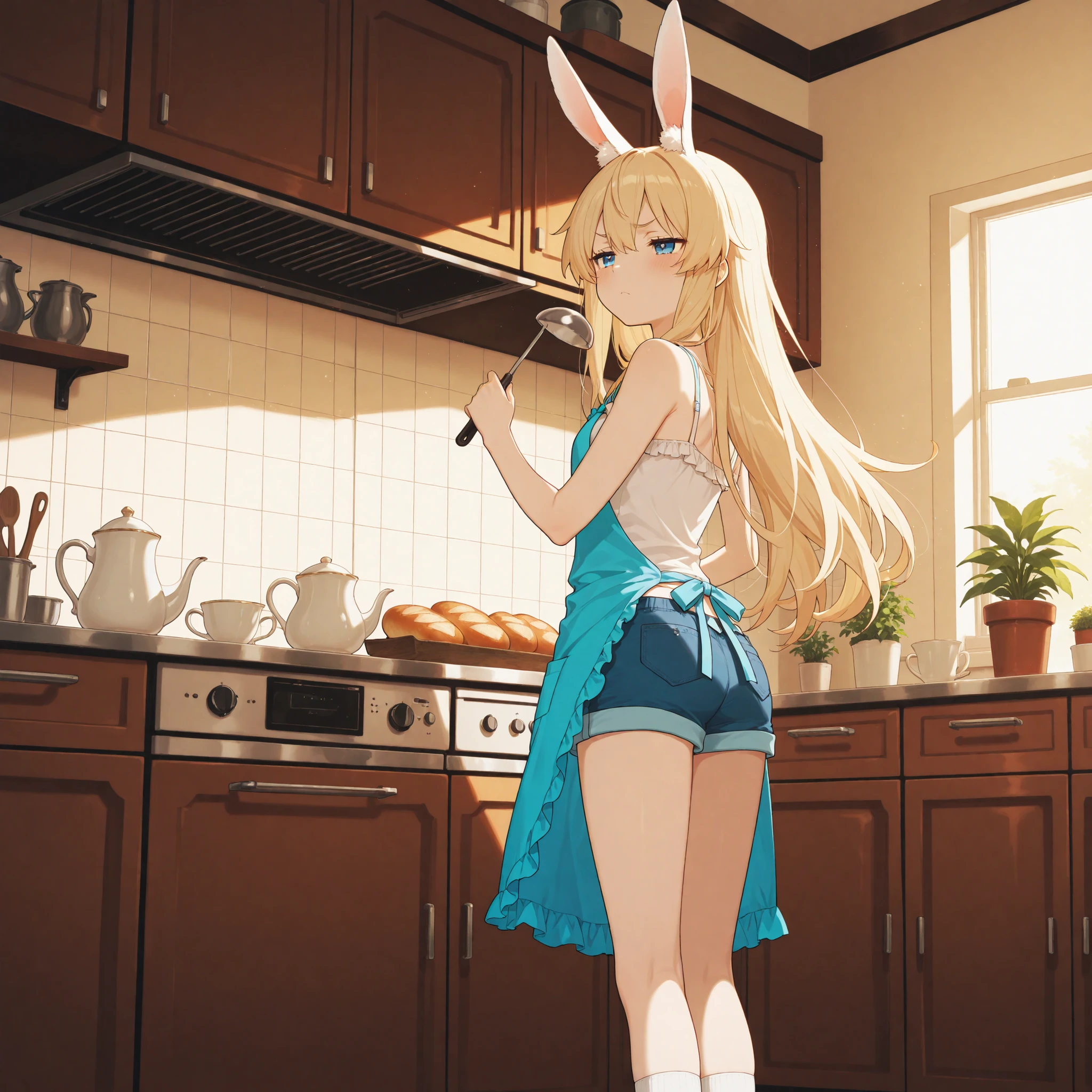 1 girl, highest quality, Very detailed, masterpiece, indoor ,Coffee shop,Blonde Hair, Long Hair, Eyebrows visible through hair, Shine, bangs, Shine, Flat Chest,((Bunny girl)), Rabbit Ears,Holding a white plate,smile,Close ~ eyes