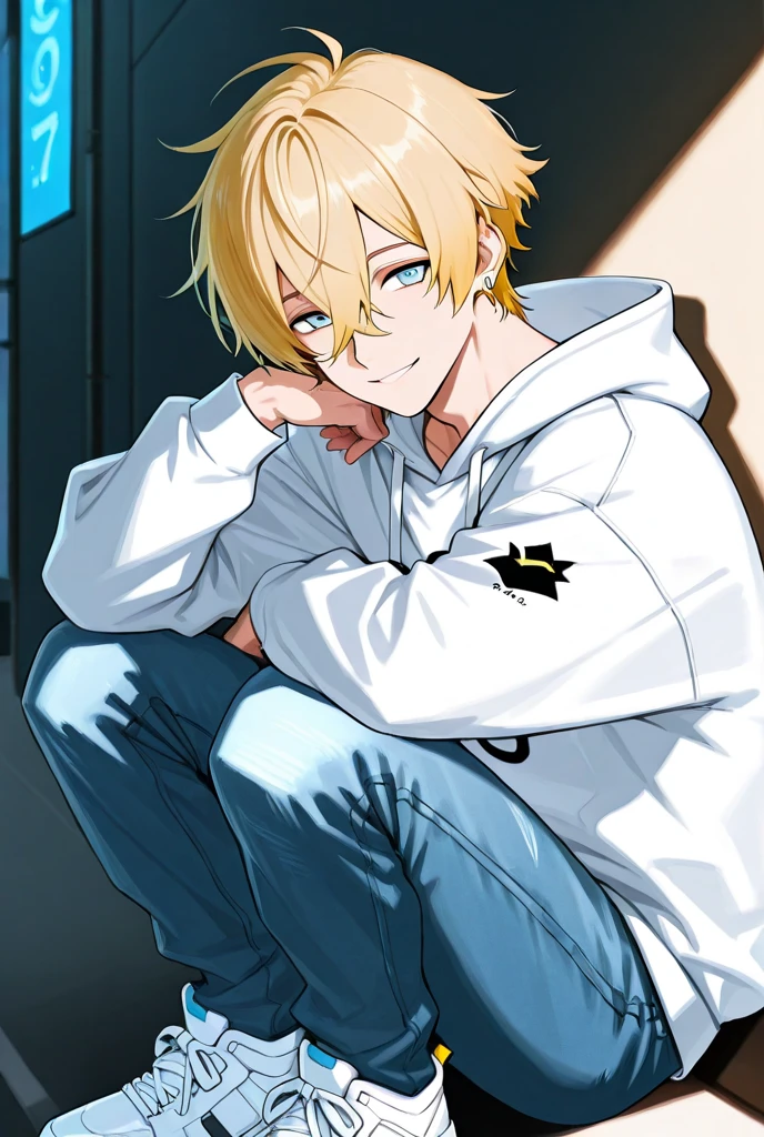 Grey hoodie, medium length blonde hair, smug expression, anime, male, teasing smirk, laid back, chill, bulge showing, white dress shirt, black slacks