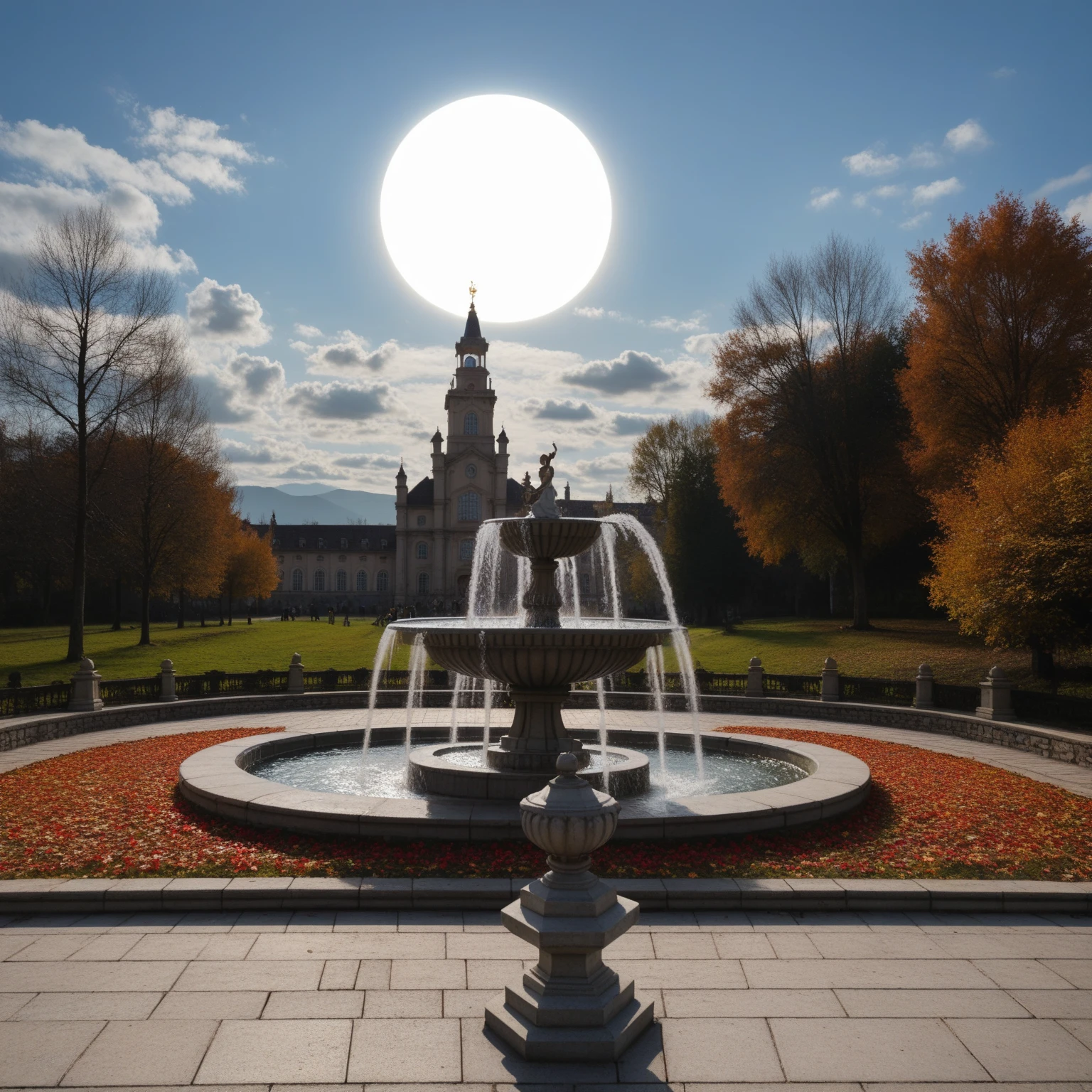 masterpiece, grab pose, high quality walkers, very detailed CG 8k wallpaper unit, landscape,  outdoor, Establishment,  Medieval Liquor ,  autumn sky , Autumn Dusk, Autumn-Winter,  Cloudy sky ,  Big Moon Shining , Award-Winning Photos, Image Depth, HDR, flower, fountain,   hydrangea , photorealistic, very detailed, complicated, high detail, Characters ,  Art in the midst of travel,  Guiding art in an art station, Trends in cgsociety , color discrepancy.