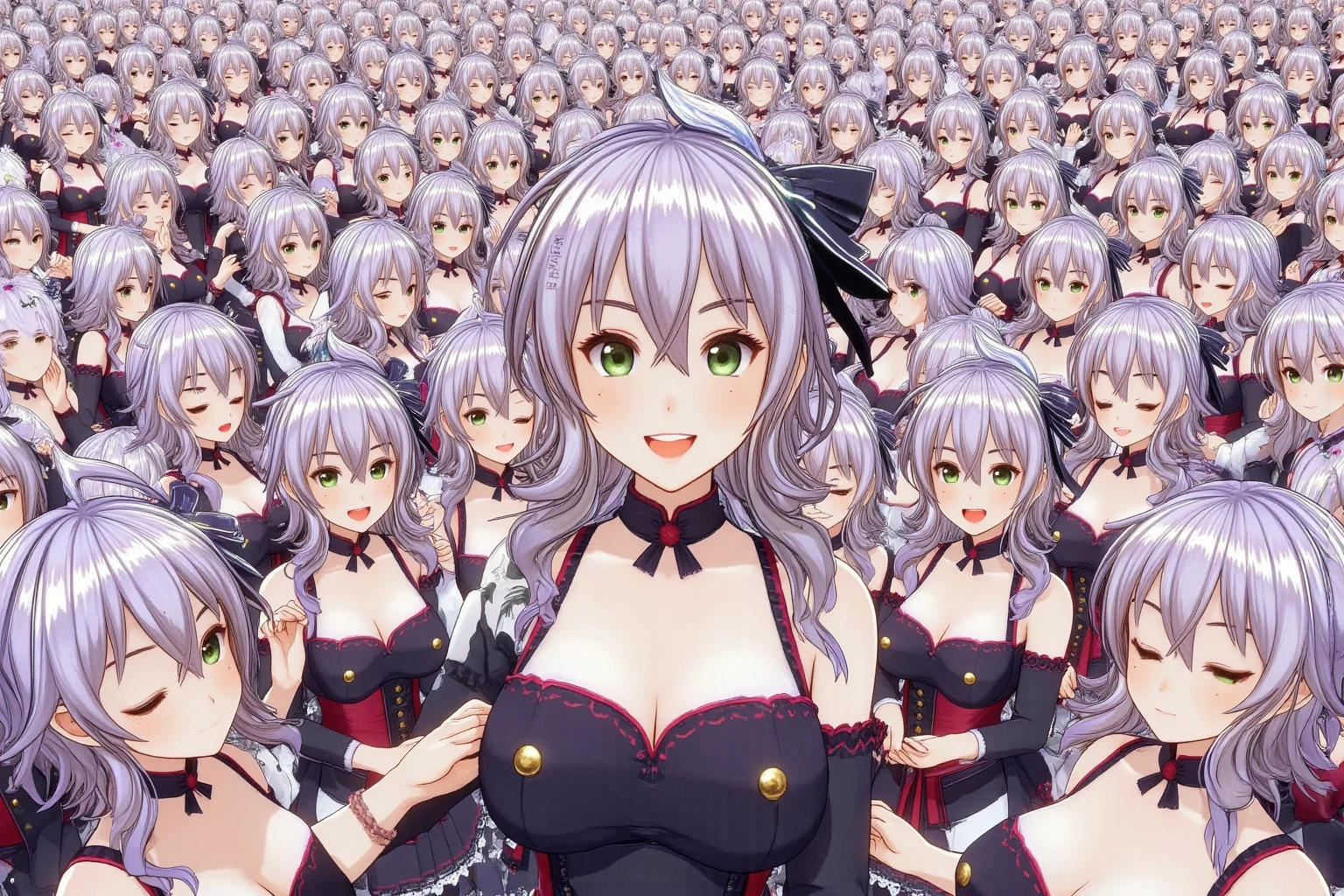 best quality,ultra detailed,extremely detailed and beautiful,perfect anatomy,perfect hands, (solo,1girl),(shirogane noel),embarrassed,green eyes,grey hairr,french braid, short hair,breasts,black choker,(small micro black bikini),(low rise bikini armour),Live Floor,Mirror ball,(crowd of people:1.4),