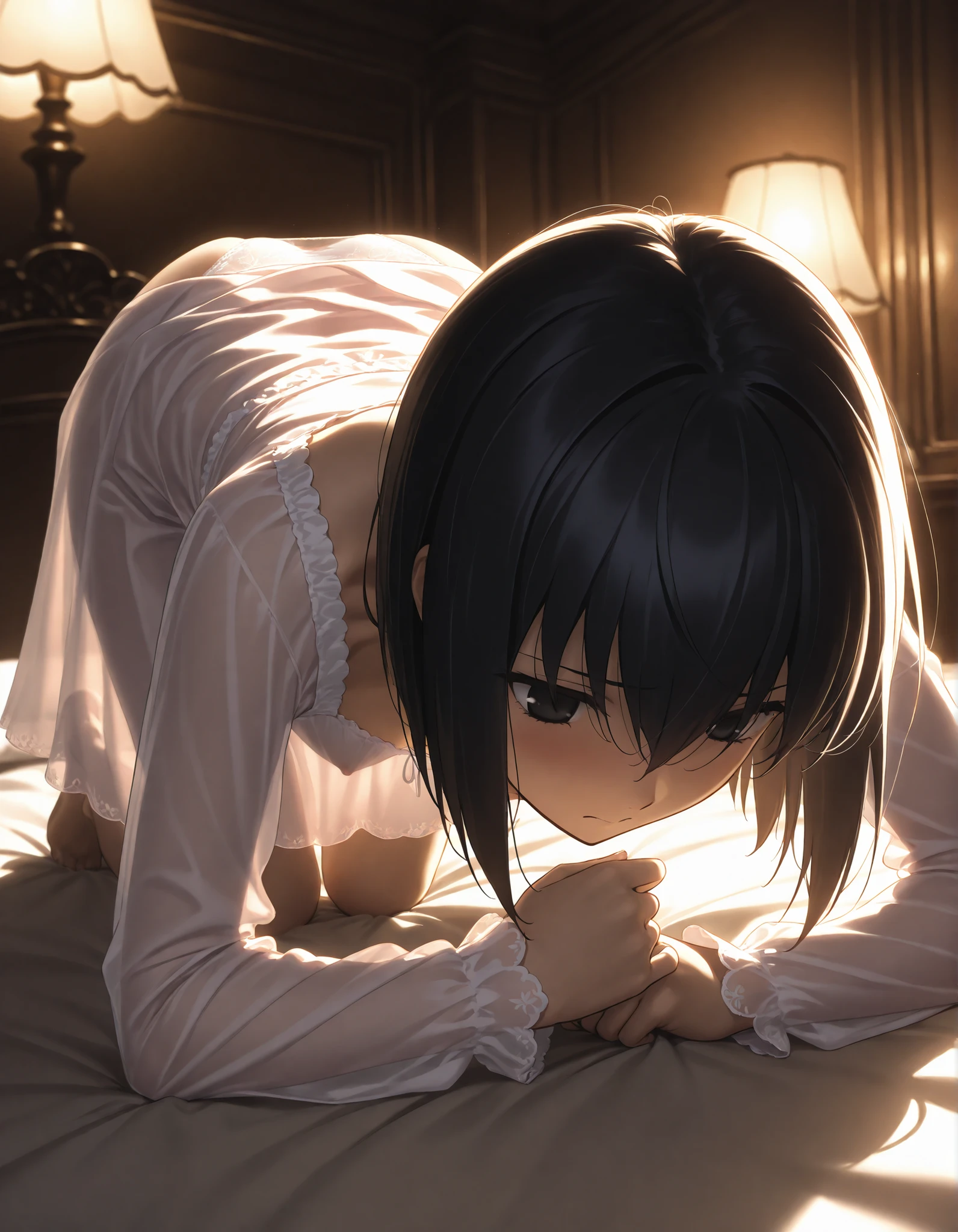 masterpiece, , absurdres, highres, detailed background, high resolution, masterpiece, necessary, detail, best quality, quality, necessary, details, High details, Precise, , indoors , lamp , (gothic architecture:0 . 3) , dark theme ,low light , , from below ,, solo, ,
1girl, , (type-moon,) style, koyama hirokazu style, close up, sitting, on bed, , , shiny skin , ((face down)),
tall girl, mature, 1girl , solo , kuonji alice , black hair , short hair , hair between eyes , black eyes , , Alice_Asc2 , show off nipple, ((see-through)), pink sundress , , long sleeves ,frill, white panties, looking down , (small breasts), , embarrassed,