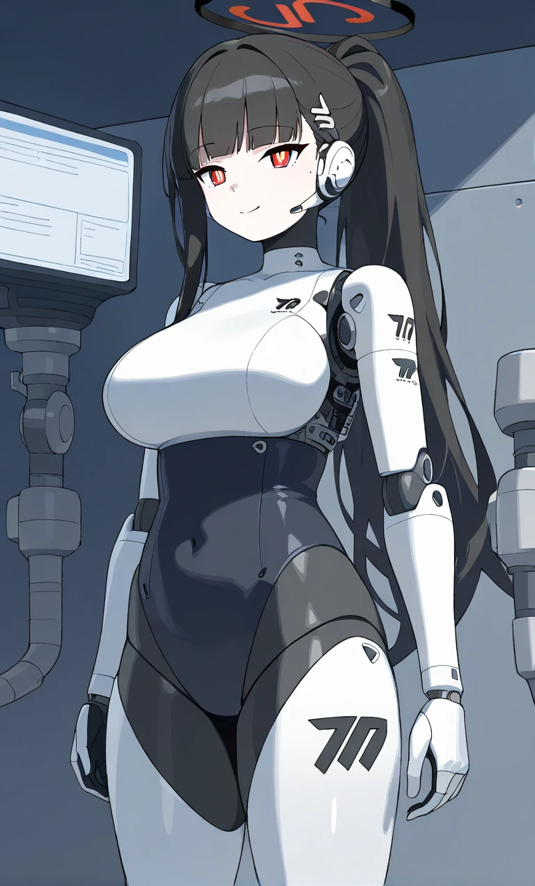masutepiece, Best Quality, Extremely detailed,  (8K, 4K, Best Quality, hight resolution, 超A high resolution:1.1),  1girl in, Japaese Cyborg highschool Girl,Plump ,Navy Pleated Mini Skirt,Black tights,control panels,android,Droid,Mechanical Hand, ,Robot arms and legs, Black Robot Parts,Black hair,Mechanical body,Blunt bangs,White abdomen,White Robotics Parts,perfect robot woman,The laboratory of the future,cyberpunked,Charging spot,android factory,Robot Factory,cyborg factory,Long Tube,A thick cable connects her neck,ceramic body ,complete eyes,Striking eyes,Mechanical body,android,robot humanoid,japanese school girl uniform,tie,perfect robot girl