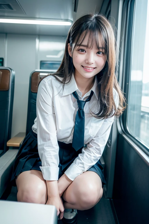 Center View、An Asian woman in a short skirt and bow tie is sitting on a train、Cute school girl、Japanese girls uniform、Wear Japan 、Japanese 、Surreal 、Dressed as a high school girl、Surreal 、Wear a uniform、Realistic school girl、Girl in uniform、Wear a uniform、 Pause、Whole Body Ezbian、Nice skin、Glowing Skin、Nice thighs、Shining thighs、Shining Regaleg , Japanese High School 、Nogizaka Idol、Korean Idol、Tai Gu emphasized、One person、crowd、Ultra mini skirt