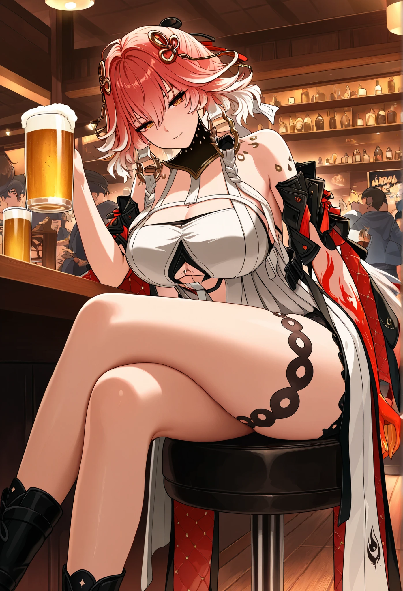 ChangLi (character from the game wuthering waves) wearing cowgirl outfits in a bar, legs crossed and looking confidently raising a glass of beer amid a cheering crowd