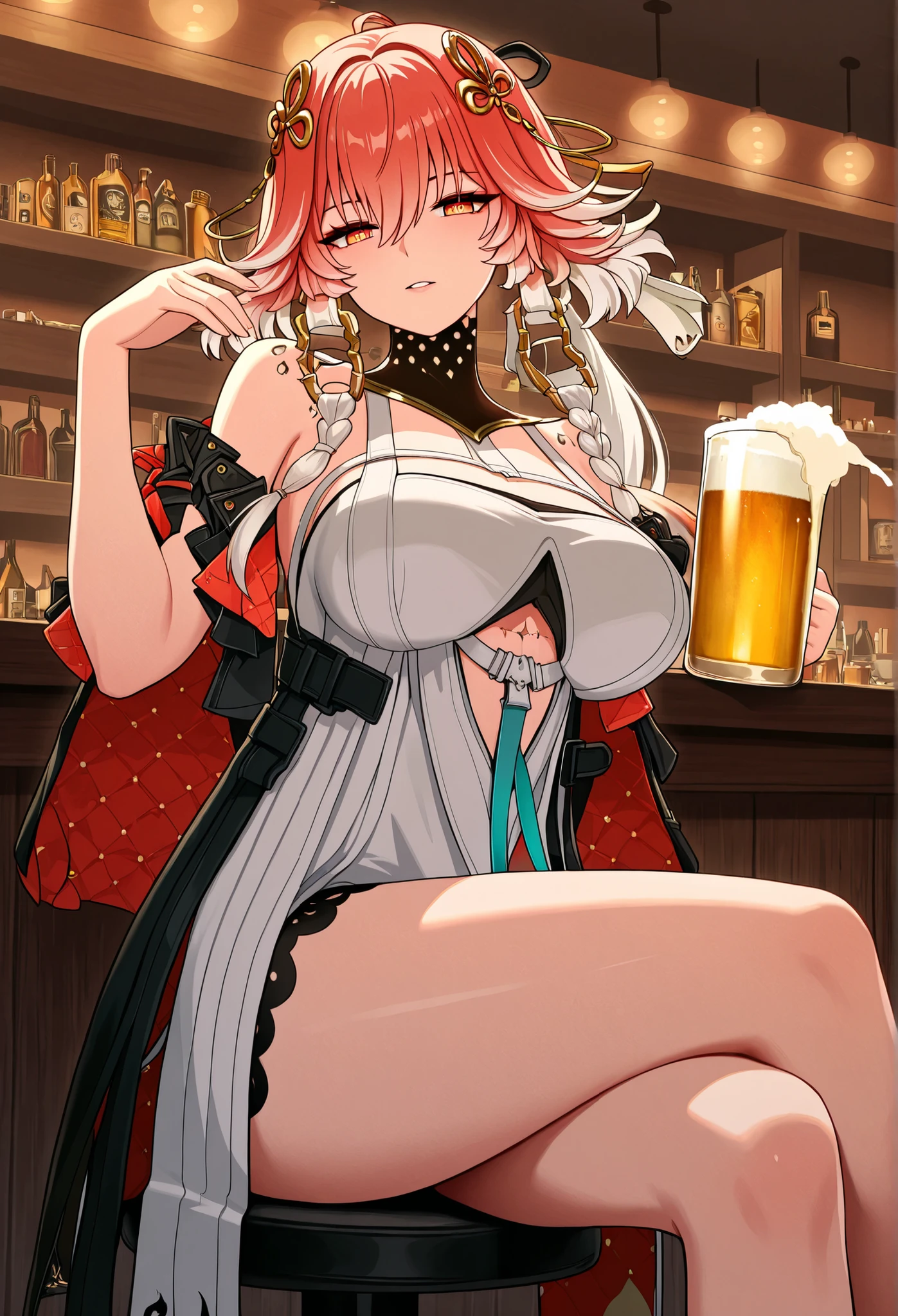 ChangLi (character from the game wuthering waves) wearing cowgirl outfits in a bar, legs crossed and looking confidently raising a glass of beer amid a cheering crowd