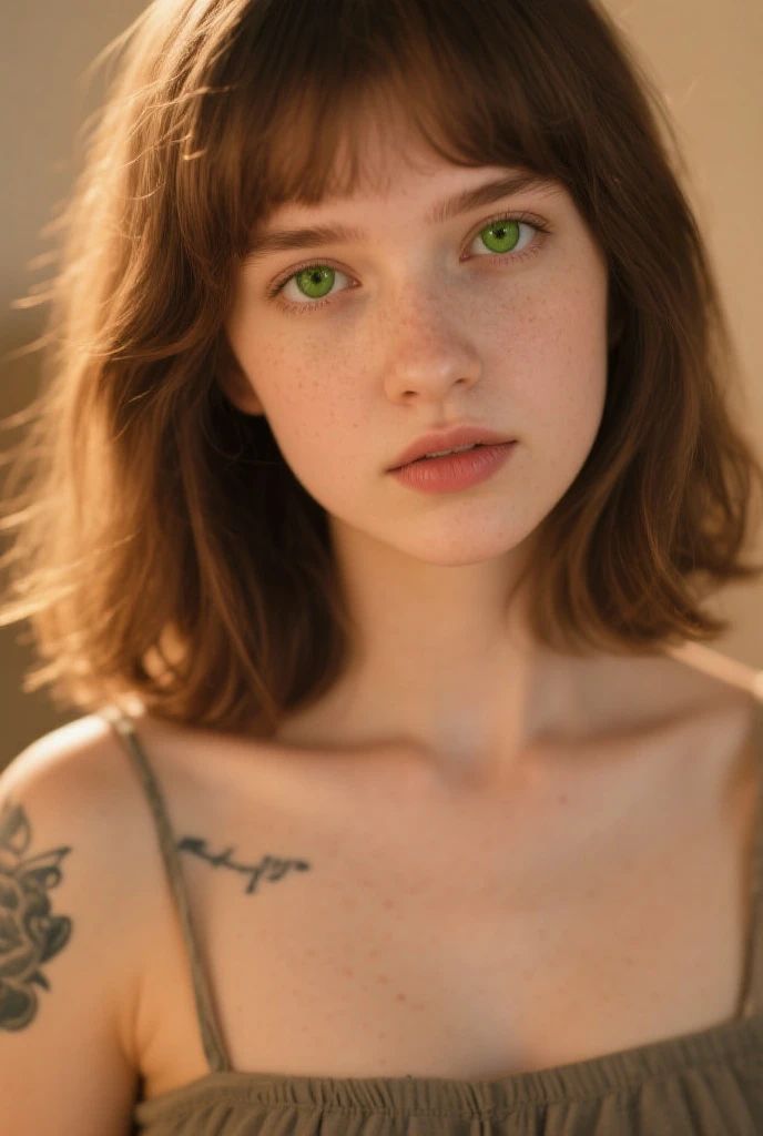 girl with short red hair and ((green eyes)) small freckles on her face, playing guitar, REALISTA, maximum definition,