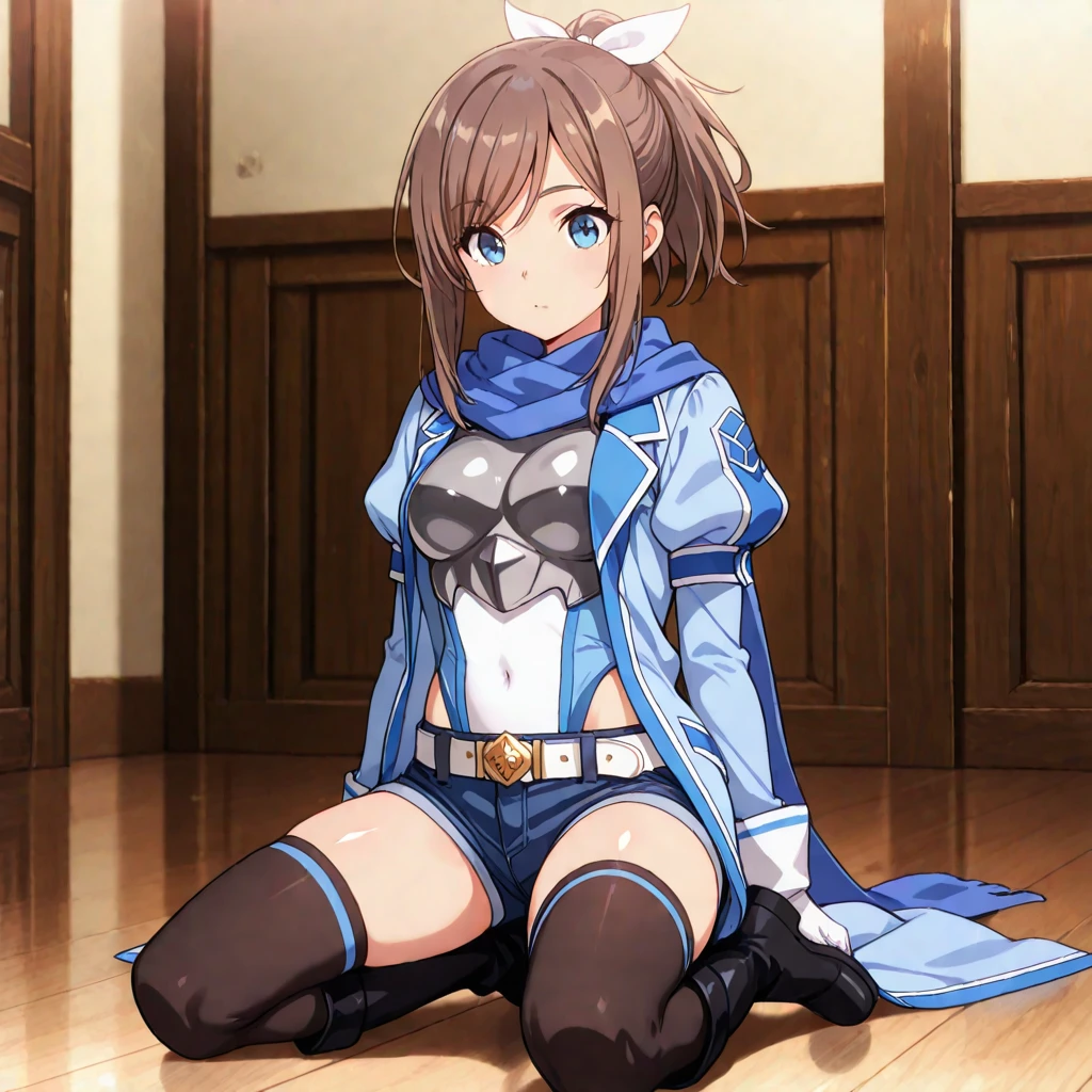 solo, 1girl, cowboy shot, sunlight, <lora:if_v9NAI-000010:1>, if, green eyes, hair bow, blue jacket, fur trim, open jacket, oversized clothes, black tank top, bike shorts, socks, kneehighs, boots, cross-laced footwear