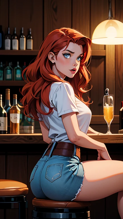 light redhead hair, vibrant blue eyes, white pale skin, portrait, rocker clothes, band clothes, thin nose, thin chin, dark night scene, High detail RAW colored art, (detailed skin, skin texture), (muscle), intricate details, fine details, hyperdetailed, ray tracing, subsurface scattering, diffuse soft lighting, red and blue spotlight, by Jeremy Mann, Greg Manchess, Antonio Moro, trend at ArtStation, trend at CGSociety, Intricate, High Detail, Sharp focus, dramatic and photorealistic painting art by midjourney, bokeh in the background, Pub, best quality, masterpiece, only 1girl, fullbody portrait, night dark ambient, look at the viewer, white t-shirt, blue jeans pants, night bar, country scenario, slender girl