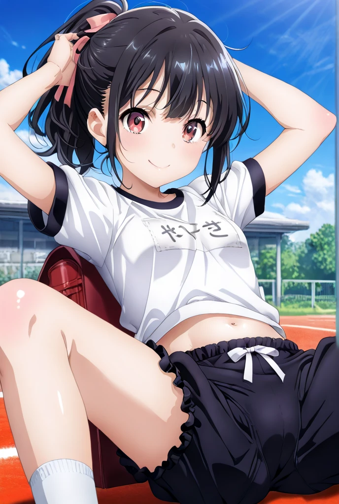 masterpiece, extra limbs, 1girl,8years old, black straight hair, tareme brown eyes, (((delighted))), (white sundress strap slip),spread arms,squatting, playground equipment,pov