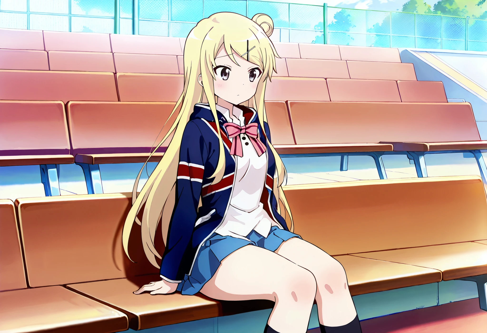 1girl,unwellness(autonomic nervous system disorder and depression) thick thighs Kujou Karen very long hair,blonde hair,single hair bun,hairclip,x hair ornament,sidelocks,side swept bangs,black eyes,white shirt,collared shirt,union jacket,pink bowtie,neck ribbon,pink ribbon,long sleeves,small breasts,miniskirt,blue skirt,black socks,red footwear, sitting alone on the school bleachers
koutei,scenery,outdoors