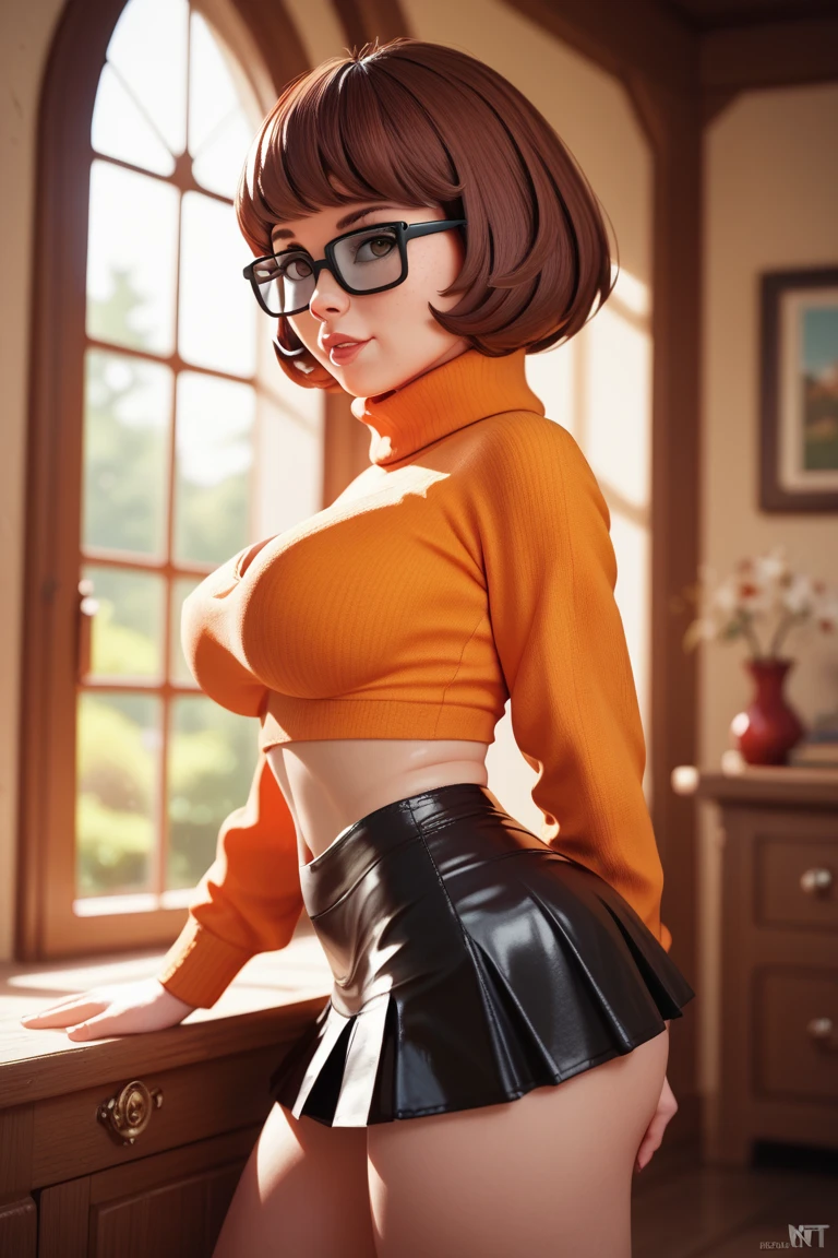 HD, 8k quality, Masterpiece, velma, dream girl huge , beautiful face, kiss lips, short bob hairstyle, long bangs, perfect make up, realistic face, detailed eyes, Blue eyes, by the chestnut, eyelashes, smile smile, bedroom, sitting in bed, showing cameltoe, eyes to the viewer, orange knit turtleneck sweater, glasses with clear lenses, red  skirt, View from below, female werewolf, werewolf, werewolf head, werewolf tail,  werewolf ears, werewolf paws, claws, fangs, Big breasts, topless, abs