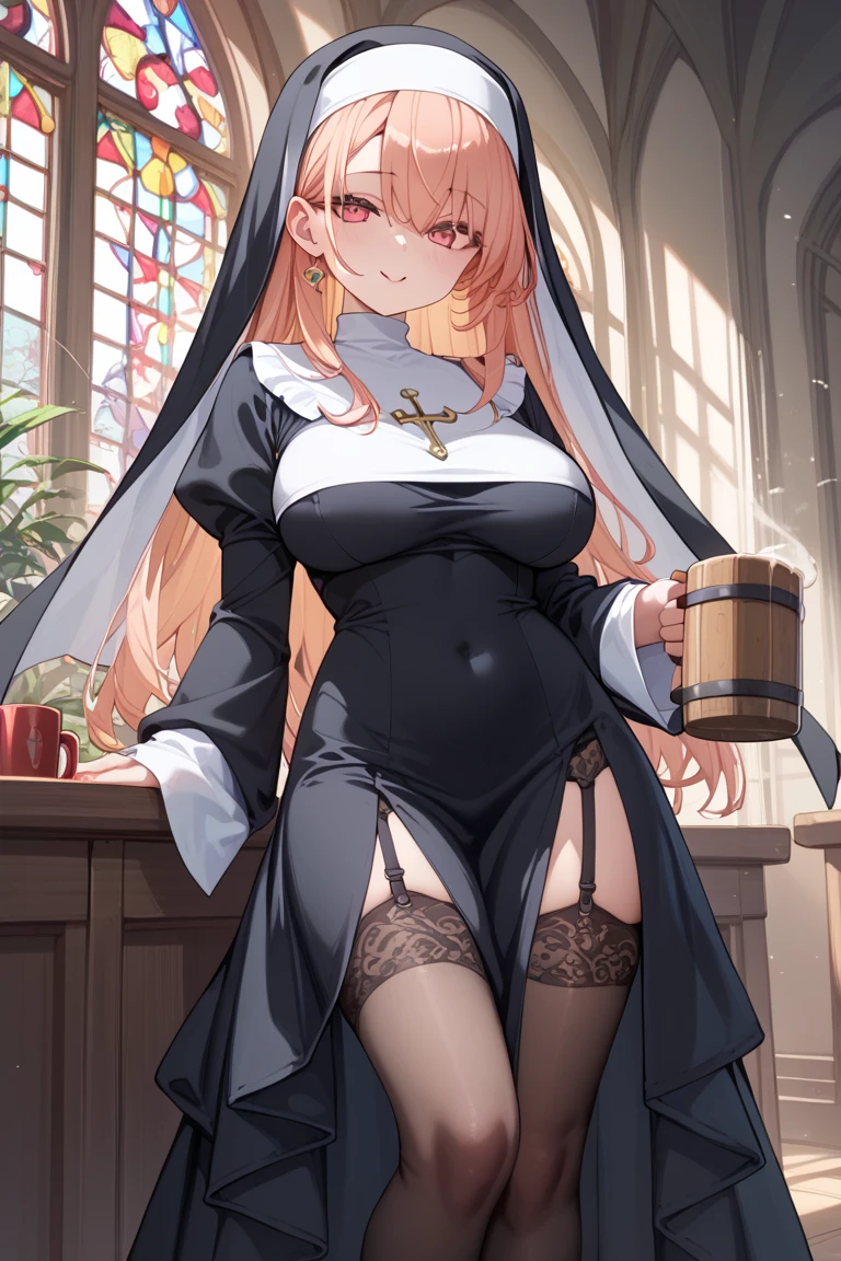 (Half-Human Half-Mechanical Girl), (Robotic Arms), (Mechanical Legs), (Nun Suit), (Best Quality), (Shy), (Blushing)