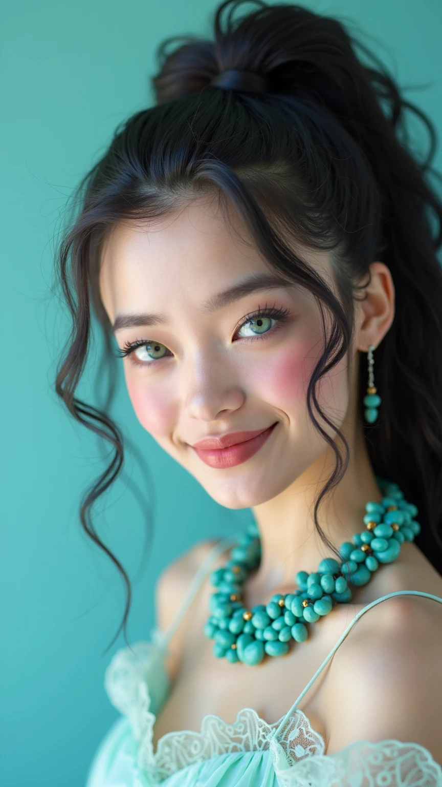 Ultra-high resolution, Superior Quality, highest quality, Very detailed, Realistic, 8k, RAW Photos, highest quality, masterpiece, Attractive girl, Awesome girl, Brown Hair,Wavy Hair、 Shoulder-length layers, Mesh Hair, Japanese Idols, ear piercing、stylish, blouse,smile、Beautiful teeth alignment. green eyes. Contact lens. Chubby cheek.