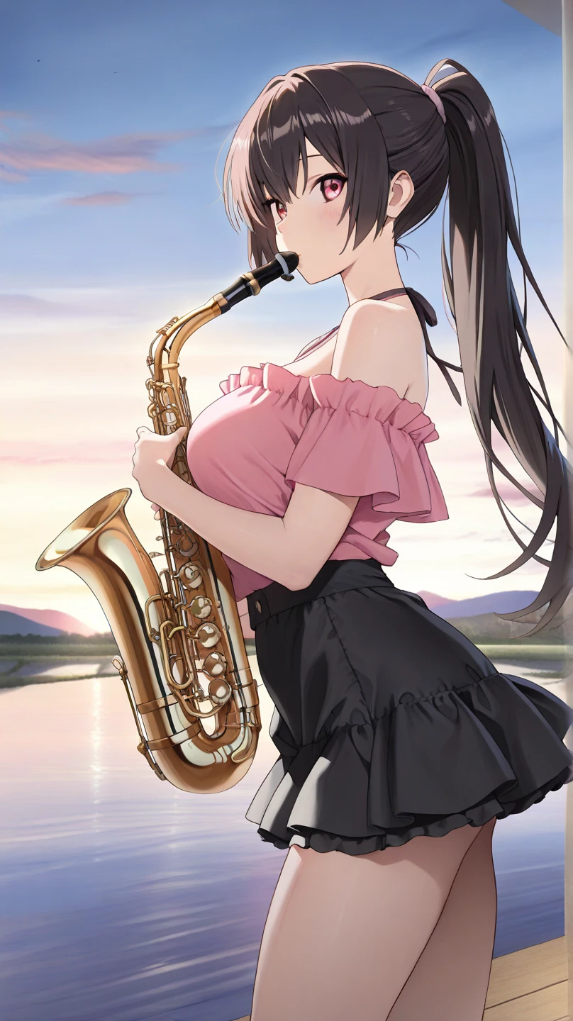 high resolution。High resolution、Low - Angle、masterpiece、Beautiful black-haired girl、、Round eyes、Playing the Trumpet、White sleevelesiniskirt and knee socks。sweating、high resolution8K