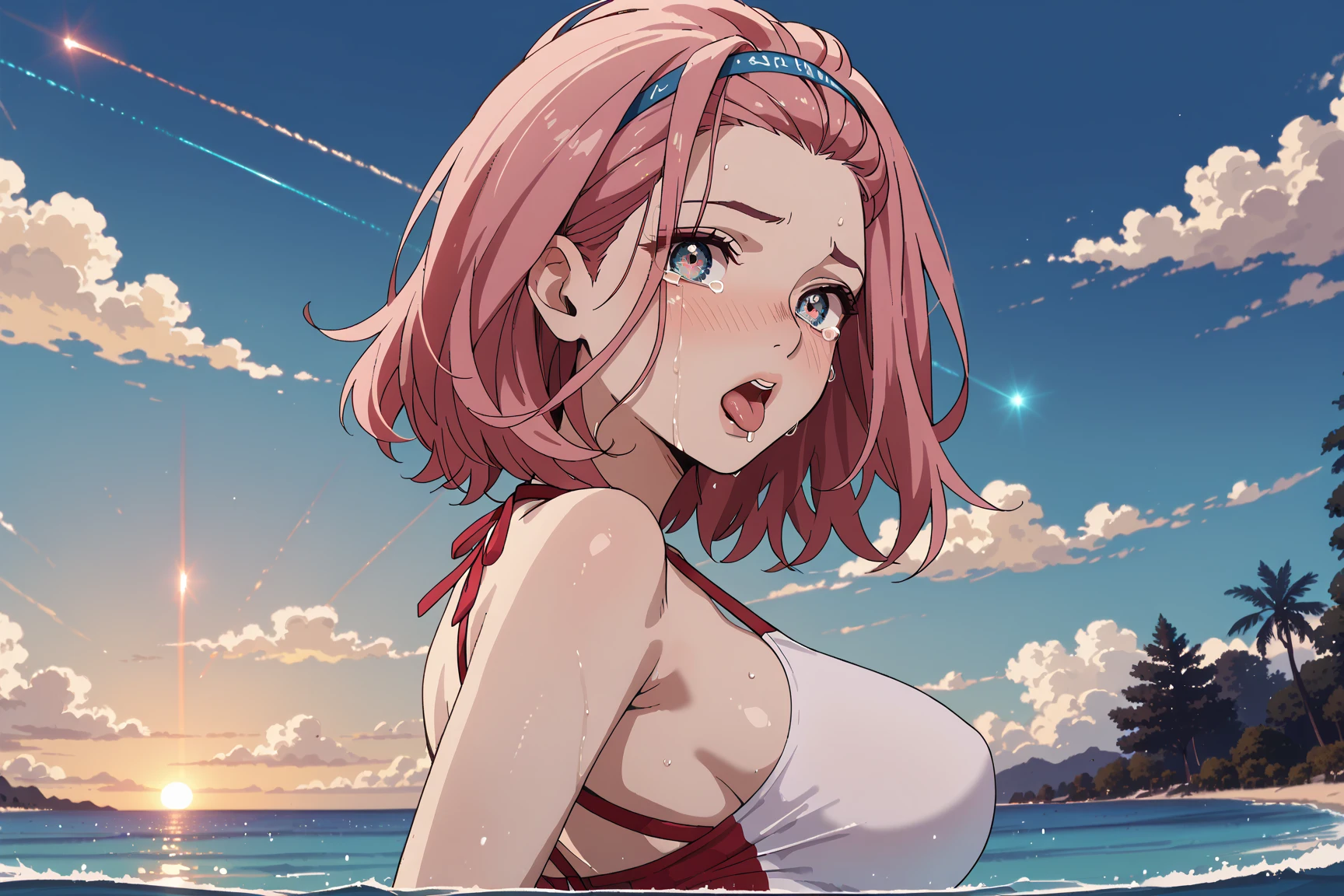 ((ultra detailed, masterpiece, best quality))
DOA Honoka, 1girl, solo, (wearing a sky blue color bikini), large breast, pink hair, long hair, On a beach during a vibrant sunset, playing with the waves