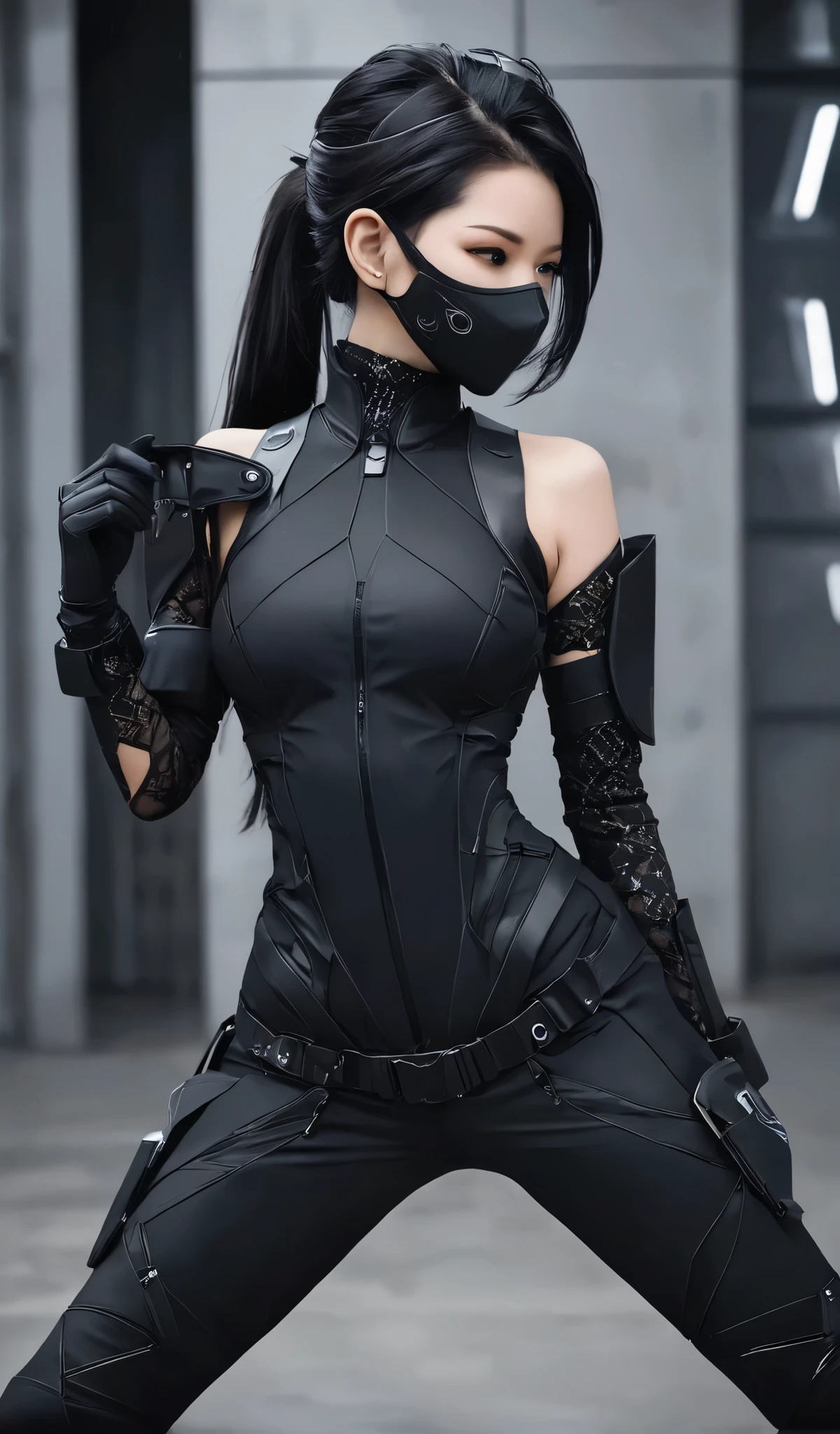 Woman in black with mask and all black cyberpunk clothes, wearing tech outfit and armor, photo of a woman in tech gear, dark sci-fi outfit, cyberpunk outfit, female assassin, futuristic tech costume, cyberpunk fashion clothes, jet black hair cyberpunk girl, cyberpunk clothes, cyberpunk outfit, tech fashion, in dark and light space soldier costume