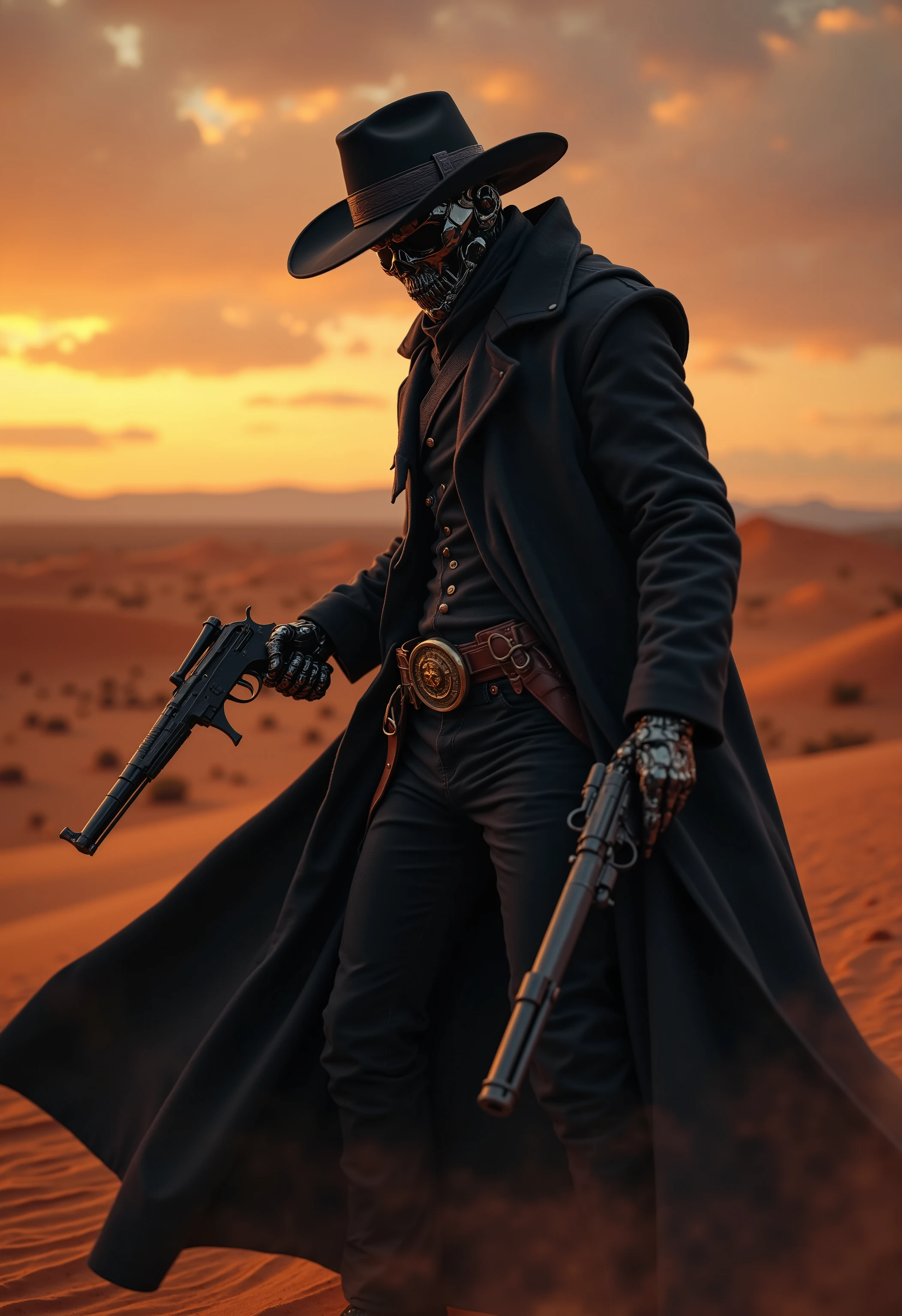western drama、Pioneering era、robot cowboy、Hide your body with a coat、かっこいいガンマンrobot cowboy、western drama、High Detail,Photographically Realistic,8K,Masterpiece,beautiful color,Deep Focus,Professional,Realistic Textures,gorgeous lighting,Desolate Desert Backdrop,Twilight Sky,Forbidden Gunman in a Black Coat,Robotic Hands and Firearms,bold action,ultimate detail