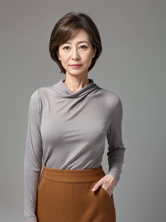 High resolution, High resolution, Attention to detail, masterpiece, Textured skin, Anatomically correct, sharp, ((Japanese Mature, 80 years old)), alone, (Facial wrinkles), Shapely breasts, Brown long hair, bangs,(((Stand upright, facing the center.))),Look at the photographer, Open your mouth and stare straight ahead, White sweater, (Tight Skirt:1.3),(Sitting),(Thighs:1.1),Inside the warehouse,(Serious expression:1.2),(old woman)