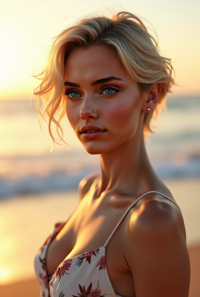 (nnlnnx_1985-1987_v1.4g:0.5), nnlnnx, short hair, (sharp focus:1.2), ((Make your subject look three-dimensional with the contrast of light and shadow)), Realistic (photorealistic Realism 16K Quality), ultra realistic details: velvety skin, blonde short slicked to the side hair, symmetrical lips, light glossy red_lipstick, long blue_eyelashes, pupils, (clear sharp focus, not blurry, Realistic brown_eyes:1.35), (anatomically correct), (perfect female body:1.4),beautiful feet,cute girl,(firm and full breasts:1.3), Hyper Photorealistic ((portrait)) a cute 1model:1.4 24yo, , attractive young woman, (beautiful face:1.1), detailed eyes, luscious lips, (eye makeup:1.2), (tight body:1.2), wearing (flowery dress:1.2) at (the beach:1.2). (morning sun lighting:1.2), depth of field, bokeh, 4K, HDR. by (James C. Christensen:1.2|Jeremy Lipking:1.1).
