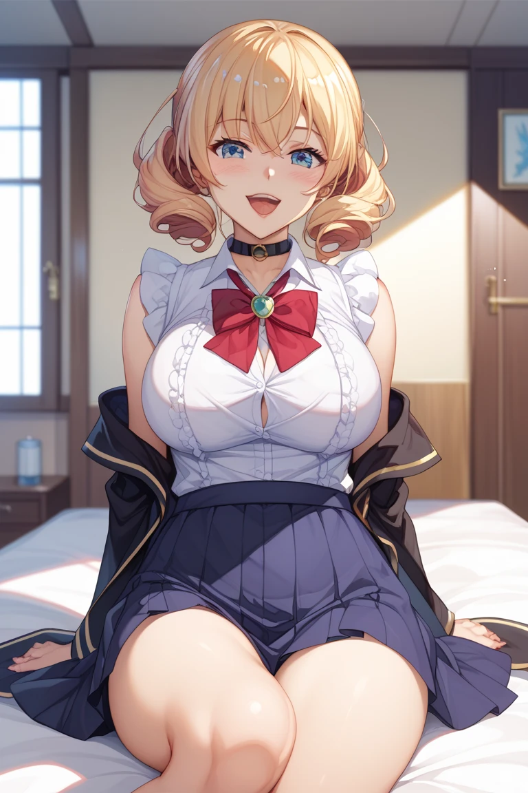uniform,  (gigantic breasts), (((shirt))), ((pleated miniskirt)), evil grin, , cleavage, squatting,open legs ,kemomimi