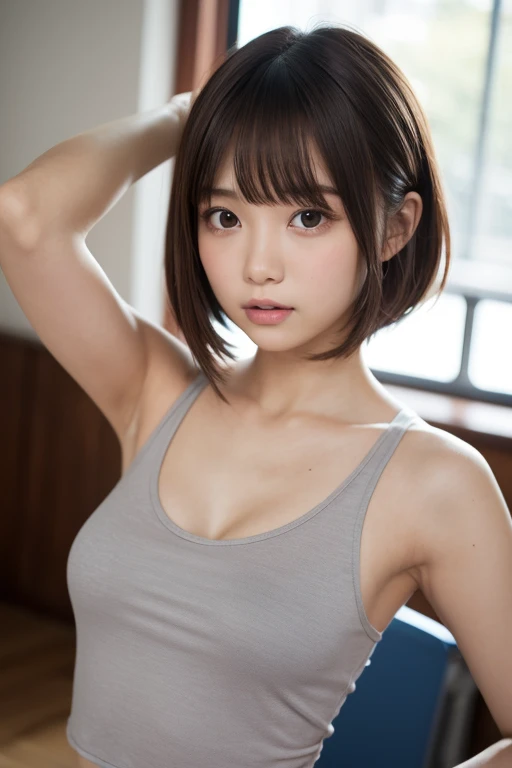 (Best image quality)、Ultra-Realistic Capture、19-year-old Japanese woman、Highly detailed eye resolution、cute、bob hair、With bangs、Show your armpits、Sleeveless dress、White Background、Natural light、Translucent white skin、Orange Makeup、The side of my hair is hanging over my cheek
