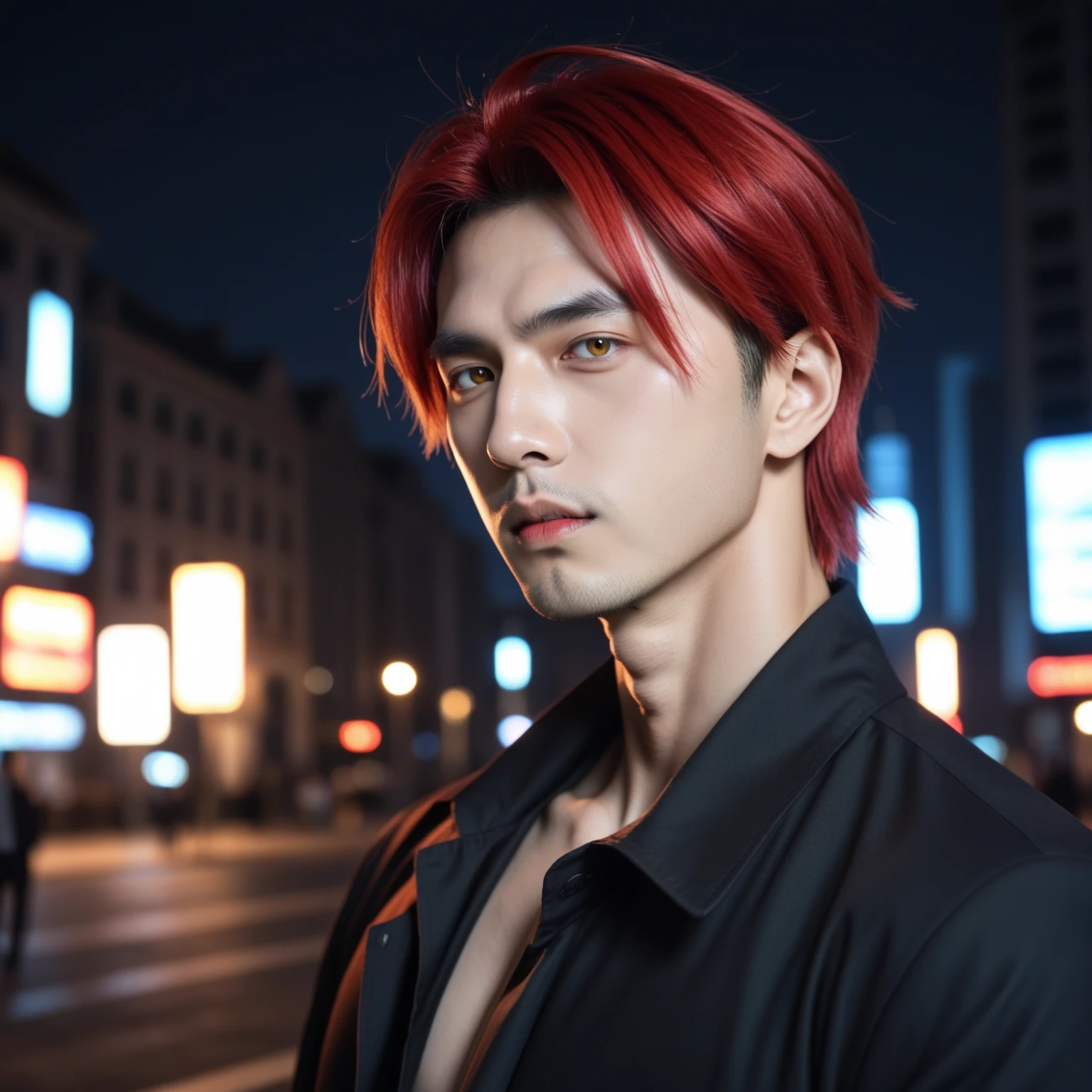 anime character with Red Hair and a black jacket, with Red Hair, Handsome Male Anime, Male Anime Characters, 1Boys, alone, Suo Mikoto , Project K , (((Vampire))), Madness, Malcavian , City in the Background , ( at night), grins, Cowboy Shooting, Dynamic light