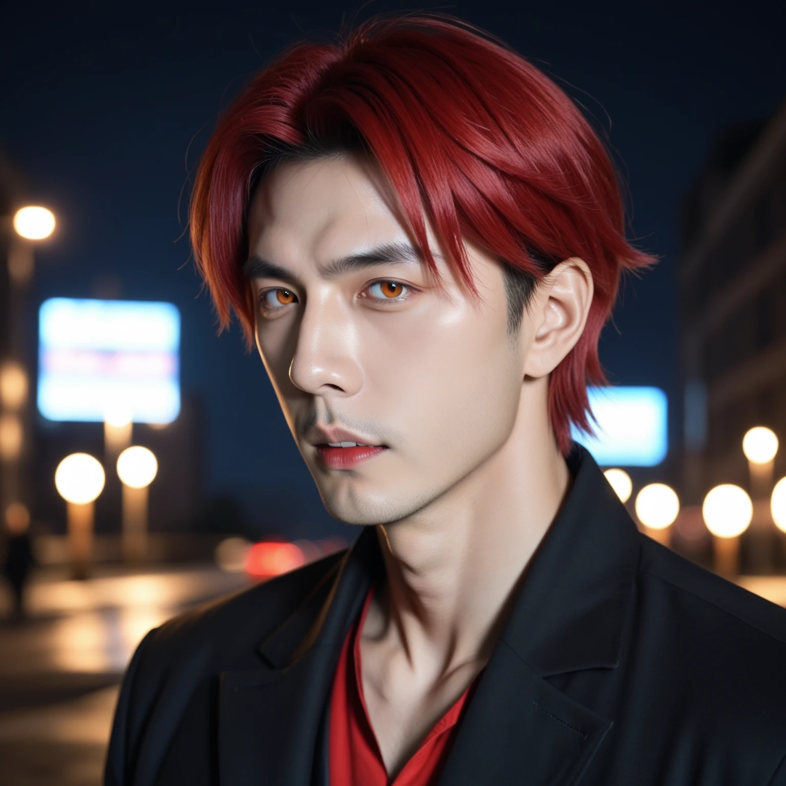 anime character with Red Hair and a black jacket, with Red Hair, Handsome Male Anime, Male Anime Characters, 1Boys, alone, Suo Mikoto , Project K , (((Vampire))), Madness, Malcavian , City in the Background , ( at night), grins, Cowboy Shooting, Dynamic light