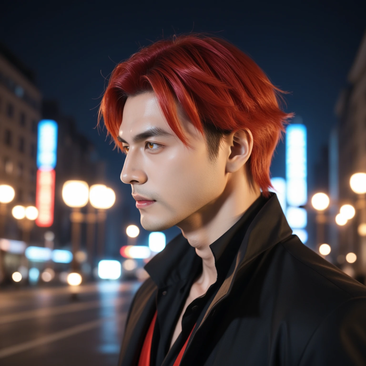 anime character with Red Hair and a black jacket, with Red Hair, Handsome Male Anime, Male Anime Characters, 1Boys, alone, Suo Mikoto , Project K , (((Vampire))), Madness, Malcavian , City in the Background , ( at night), grins, Cowboy Shooting, Dynamic light