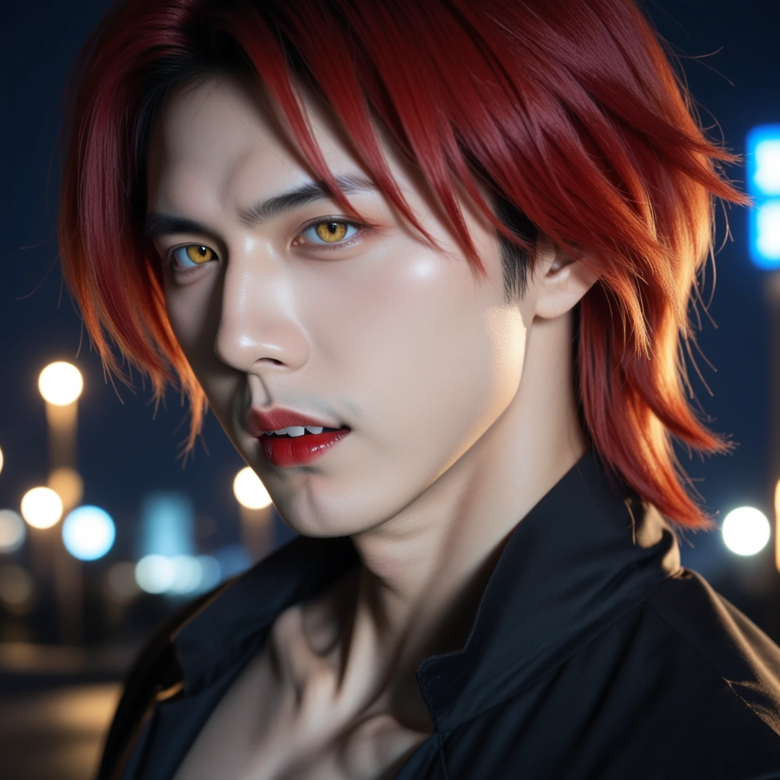 anime character with Red Hair and a black jacket, with Red Hair, Handsome Male Anime, Male Anime Characters, 1Boys, alone, Suo Mikoto , Project K , (((Vampire))), Madness, Malcavian , City in the Background , ( at night), grins, Cowboy Shooting, Dynamic light