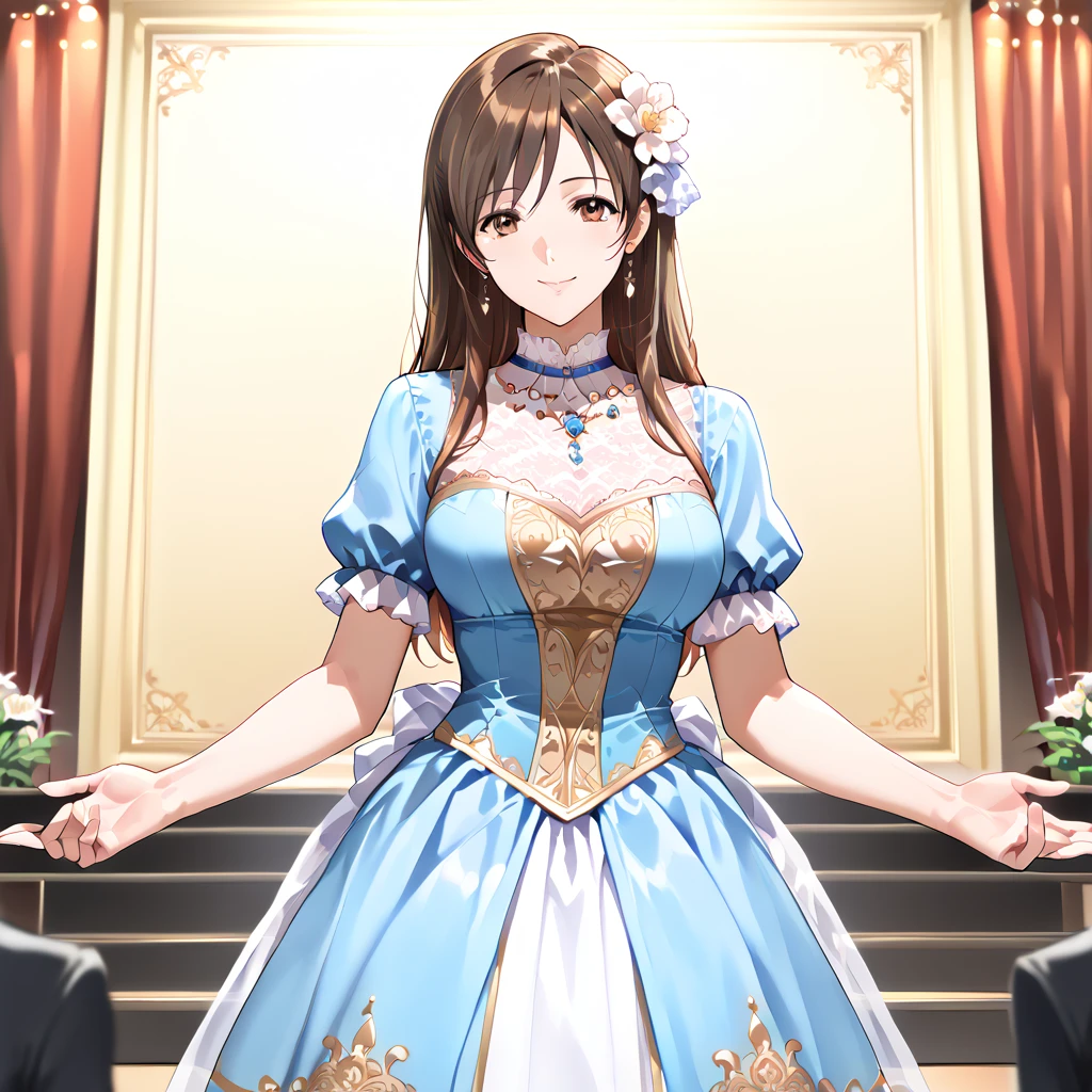 (masterpiece, Highest quality), One girl, Yunyun,Long Hair,Braiding,Twin tails,Hair between the eyes,Red hair ribbon,hair ornaments,large round breasts,、Black Hair、Red Eyes、(Happy face:1.2)、indoor、Crown Blade,(white prom dresses:1.5)、(blush:1.2)、cowboy shot