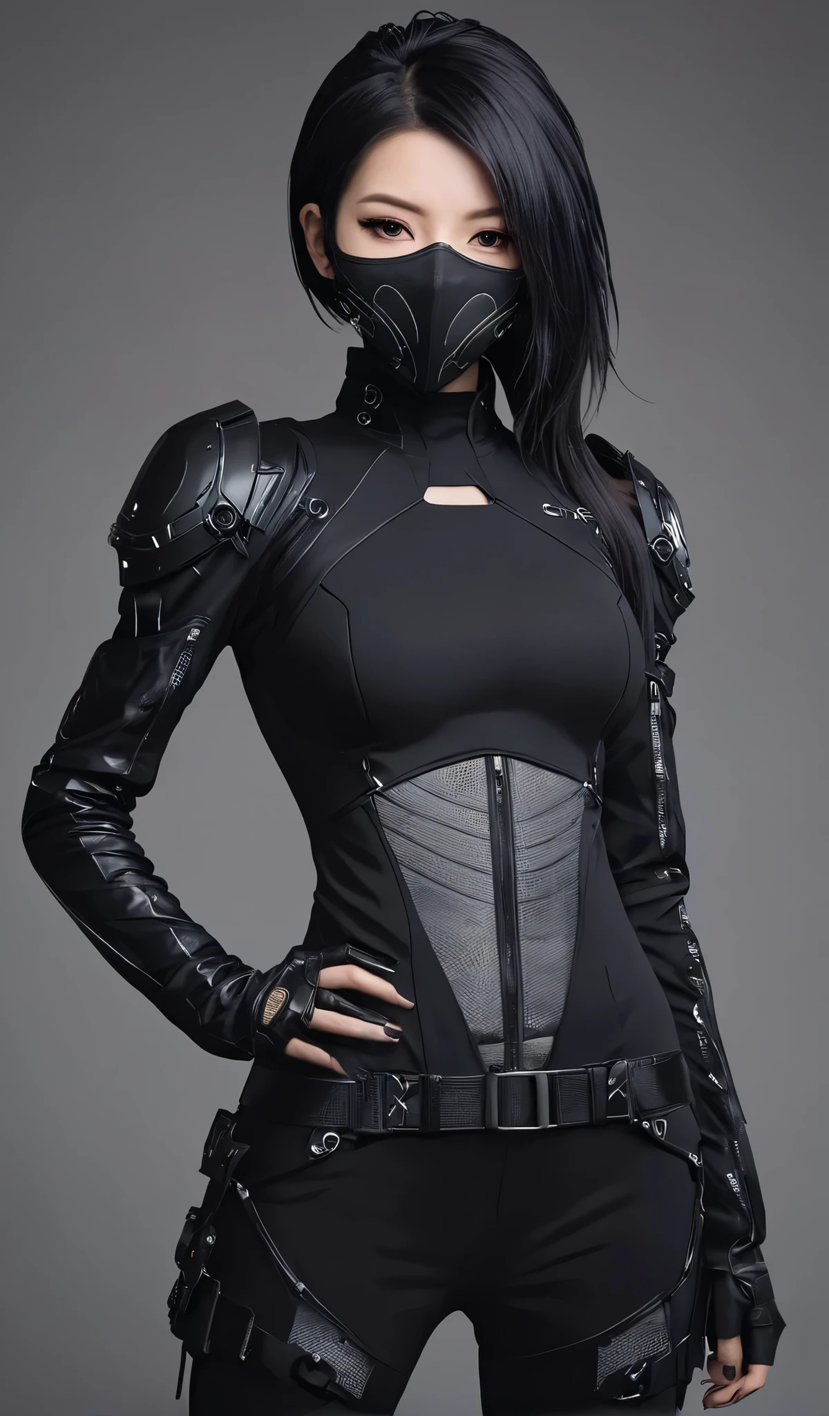 Woman in black with mask and all black cyberpunk clothes, wearing tech outfit and armor, photo of a woman in tech gear, dark sci-fi outfit, cyberpunk outfit, female assassin, futuristic tech costume, cyberpunk fashion clothes, jet black hair cyberpunk girl, cyberpunk clothes, cyberpunk outfit, tech fashion, in dark and light space soldier costume