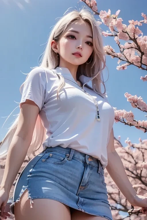 realistic, high resolution, girl, white hair, korean, blue eyes, small moles under the eyes, loose white shirt, sports shorts, park, thick thighs, legs crossed, sitting, pale skin, melancholy eyes