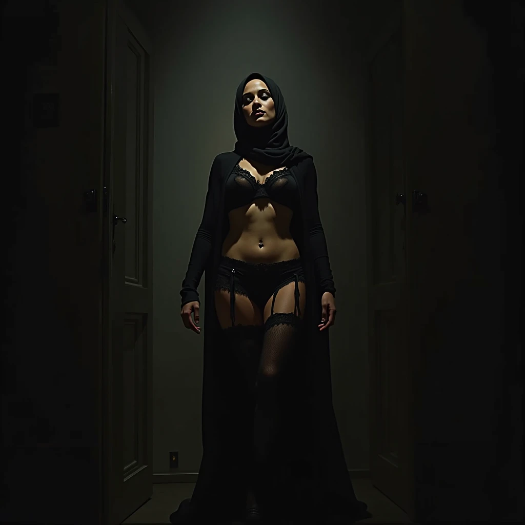 a woman in the translucent night gown, half naked, nipple on with nipple piercing, shibari,tied with red satin rope,wearing satin hijab, full body,mermaid tight long gown, flowy dramatic long gown,very long flor length gown, tall women, in prison , sexy face, sexy pose, wear high heels, masterpice