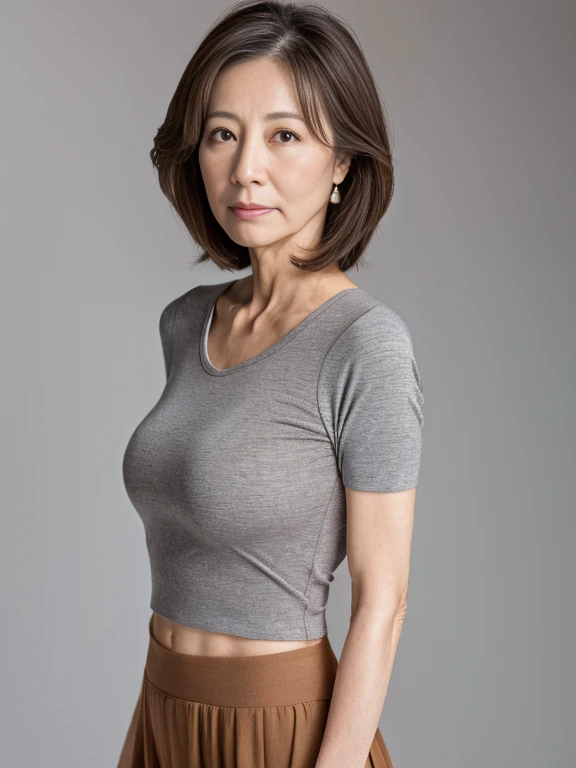 (Topless Photography)、High resolution, high resolution, Attention to detail, masterpiece, Textured skin, Anatomically correct, sharp, Gray back, ((Japanese Mature, 50 years old)), solo, ((Facial wrinkles)), Shapely large breasts, Straight light brown hair that reaches the shoulders, Slender figure, (((Stand upright, Facing the center of the screen.))), Close your mouth and look ahead with a serious face, Grey pencil skirt、Thin belt, ((Cowboy Shot)),