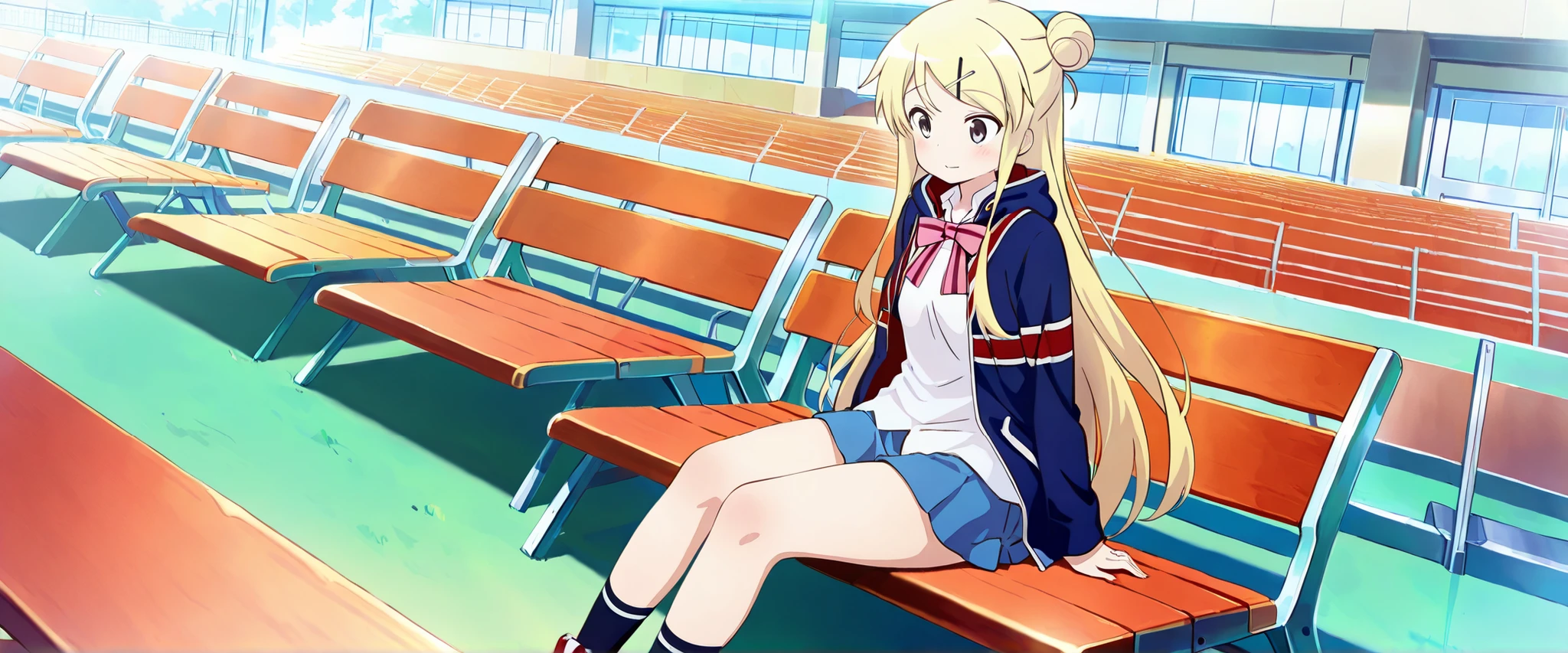 1girl,unwellness(autonomic nervous system disorder and depression) thick thighs Kujou Karen very long hair,blonde hair,single hair bun,hairclip,x hair ornament,sidelocks,side swept bangs,black eyes,white shirt,collared shirt,union jacket,pink bowtie,neck ribbon,pink ribbon,long sleeves,small breasts,miniskirt,blue skirt,black socks,red footwear, sitting alone on the school bleachers
koutei,scenery,outdoors