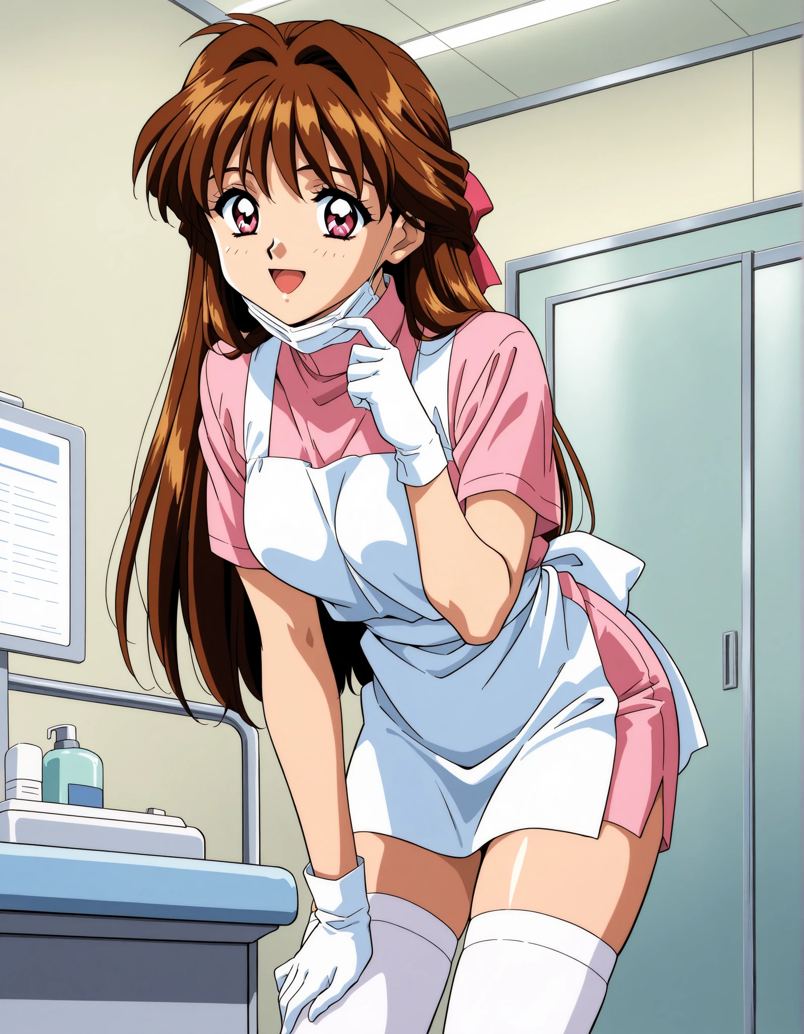 Score_9, score_8_up, score_7_up, source_anime, Minamizato_Ai(Anime), 1girl, solo, long hair, brown hair, pink eyes, bangs, hair ribbon, hair intakes, medium breasts, 1990s (style), anime coloring, (best quality), (high quality), {masterpiece}, extremely delicate and beautiful, ultra-detailed, beautiful detailed eyes, dental hygienist, pink medical scrub, short sleeves, high collar, white apron, white latex gloves, white thighhighs, dentist office, white mask, mask pull, smile, open mouth, leaning forward