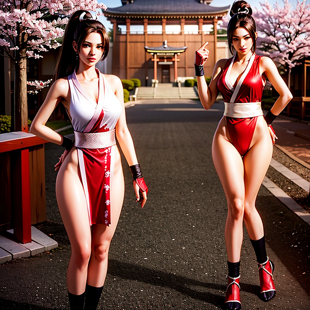 (mai shiranui:1.5), (tabi:2.0), (toe:1.2), (Full body portrait:2.0), Full body, (Realism), (masutepiece:2.0), (Best Quality), (ultra-detailliert), (8K, 4K, Convoluted), (Flat Lighting:1.2), (skinny), Prestige, Brown eyes, Long hair, Brown hair, White ribbon, Sleeveless, poneyTail, sash, pelvis curtain, arm guards, mitts, fascinated expression, Sexy eyes, medium breasts, Smile, Cute, view the viewer, Long hair, Close to Japan temple, (breasts focus:1.2), (Realistic:1.2), (Full Shot: 1.2), (85 mm), light Particle, Lighting, (Highly detailed:1.2), (Detailed face:1.2), (gradients), SFV, Colorful, (Detailed eyes:1.2), (Detailed temples of Japan: 1.2),(Detailed background), (Dynamic Angle:1.2), (Dynamic Pose:1.2), (Line of action:1.2), Wide Shot, Daylight, Solo.